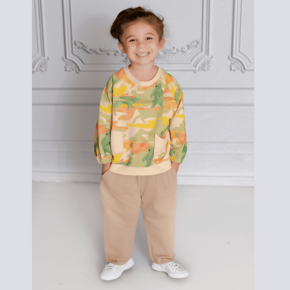 Anise & Ava's exclusive gender neutral artwork eco friendly printed on cotton terry. Our sweatshirts are made with Dye to match ribbed pockets to hold little treasures along the way. Designed and made to match siblings' styles in tees for both boys and girls.