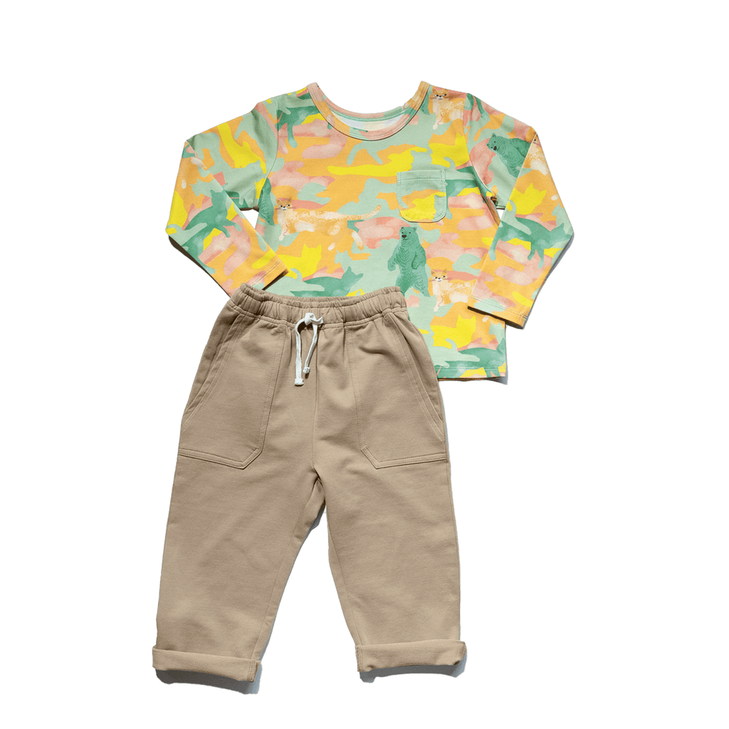 Anise & Ava's gender neutral exclusive printed sweatshirt paired with a Stone colored french terry jogger made for all babies & kids from 3months to 7/8 year olds. 