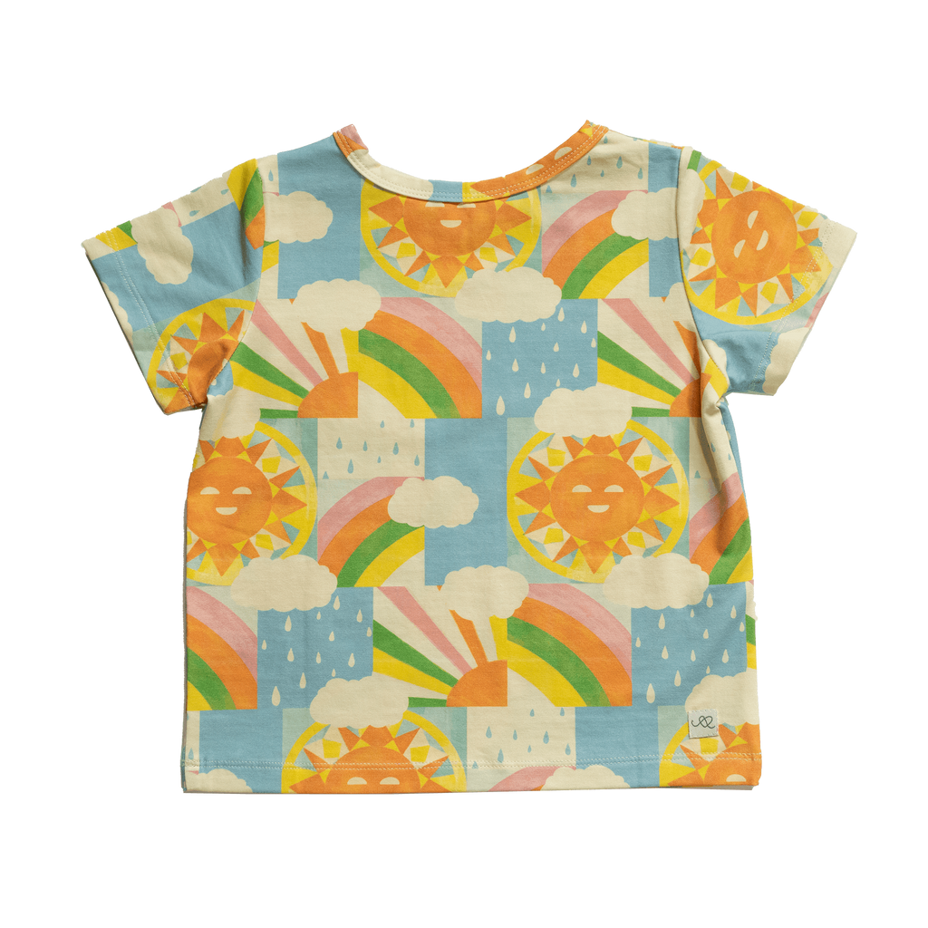Anise & Ava exclusive hand drawn genderless Sun print, eco friendly printed on luxury stretch cotton into our best selling pocket tee. Designed and made to match siblings styles in Journey girls dresses, Charlie baby dress, and Clean baby romper. Dress your family in this happy exclusive print made for all boys & girls. 