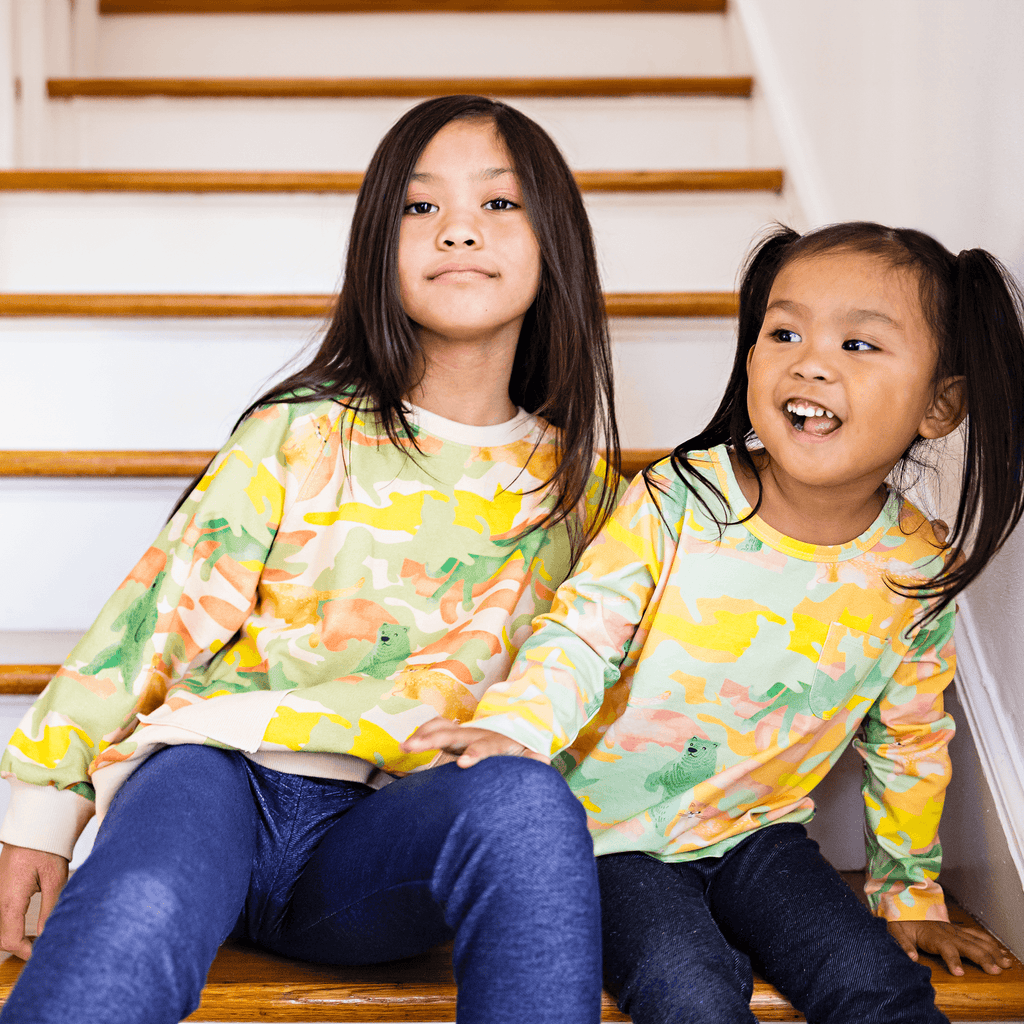 Anise & Ava's exclusive gender neutral artwork eco friendly printed on cotton terry. Our sweatshirts are made with Dye to match ribbed pockets to hold little treasures along the way. Designed and made to match siblings' styles in tees for both boys and girls.  