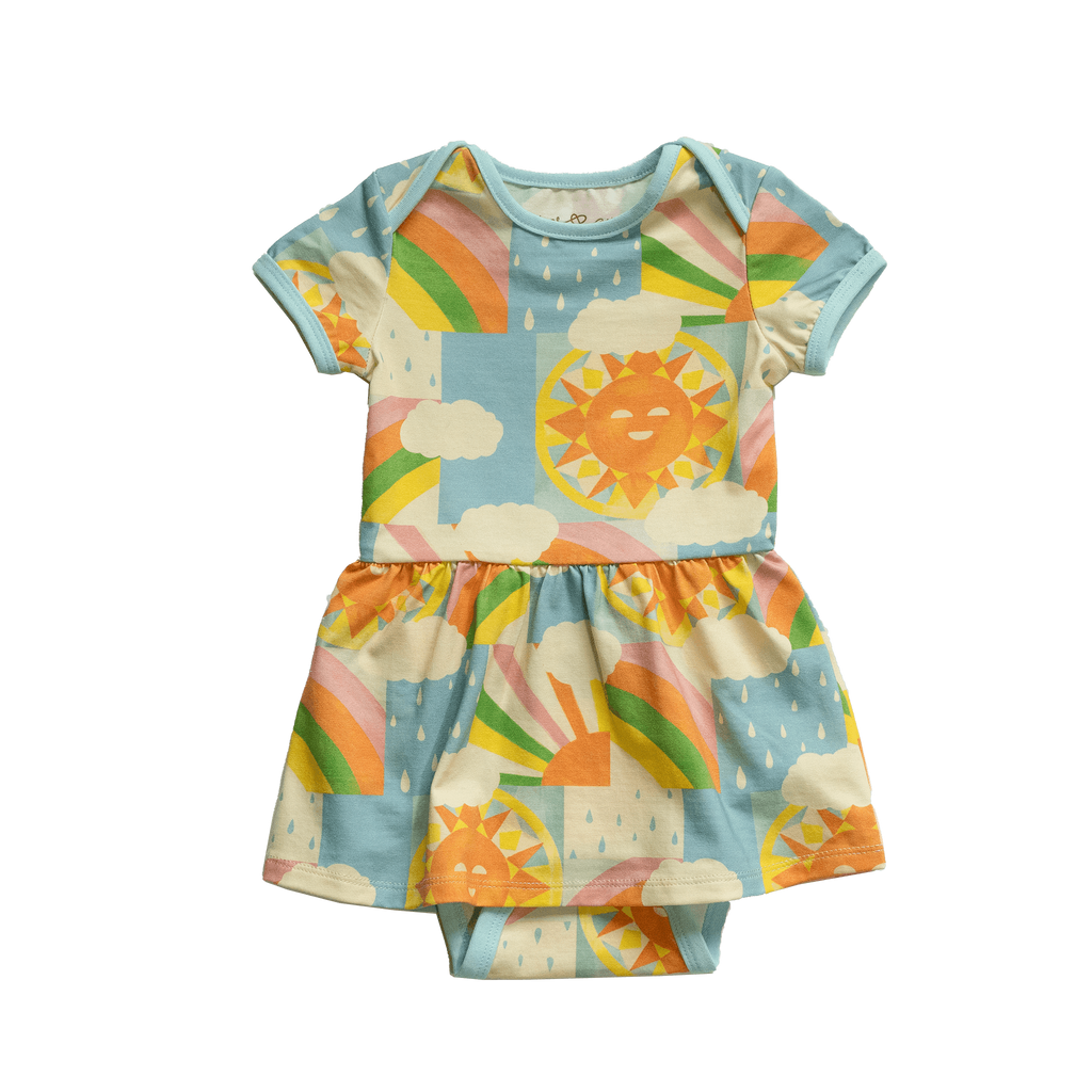 Anise & Ava exclusive hand drawn art eco friendly printed on the softest stretch cotton to match with other siblings' styles. Baby dress with enveloped neck and snaps for easy changing.