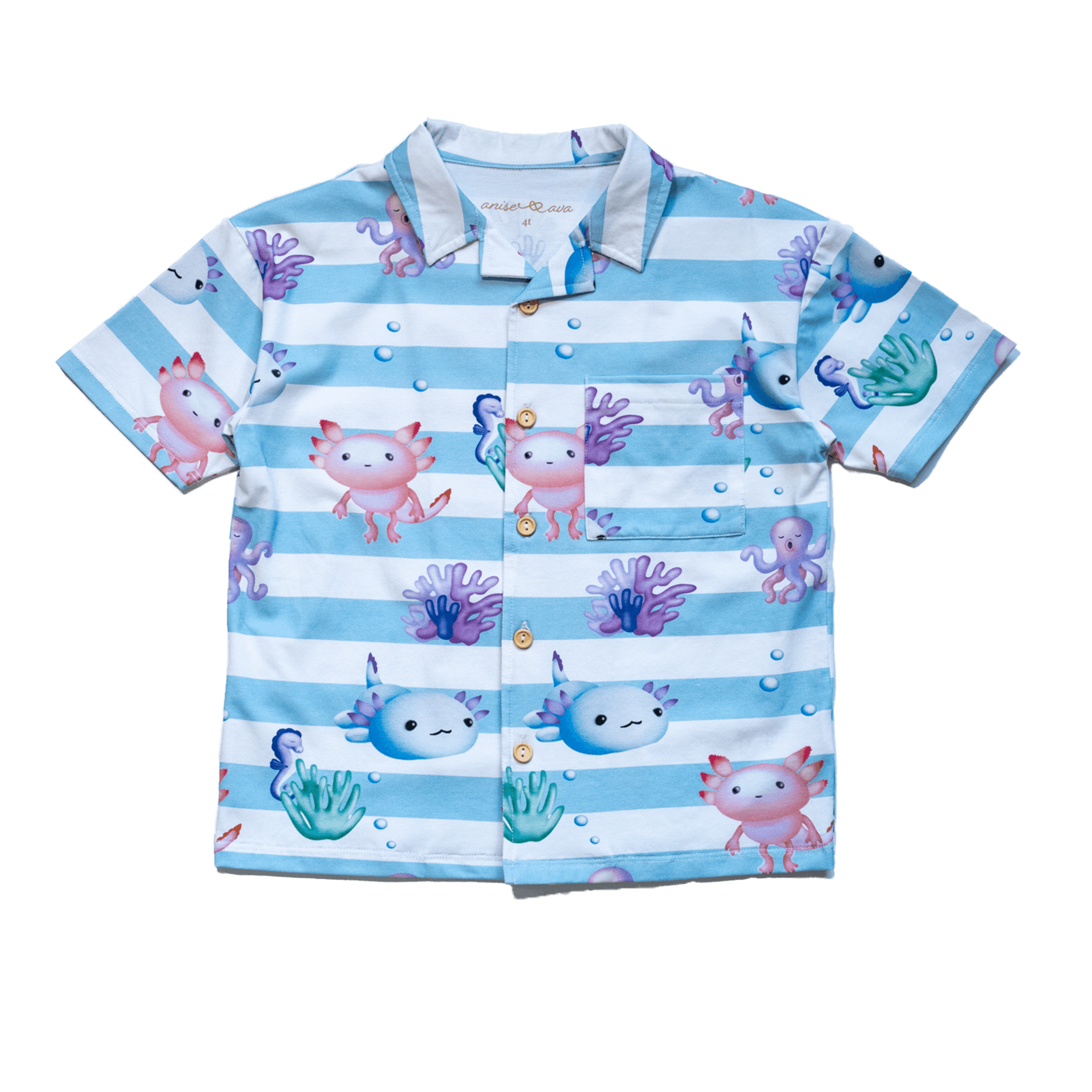Anise & Ava's Cory button down shirt, designed and made in one of a kind, exclusive hand drawn gender neutral colorful art, featuring a special axolyt. Created to match with other siblings' styles.