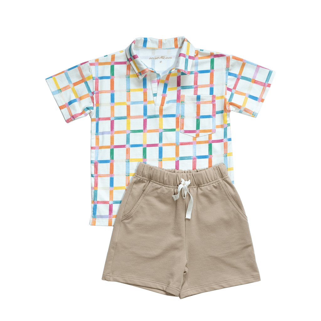 Anise & Ava's stretch cotton terry shorts makes the perfect outfit with all our hand drawn prints. Here it is outfitted with our newly launched style polo shirt in Grids for babies to kids sizes. 