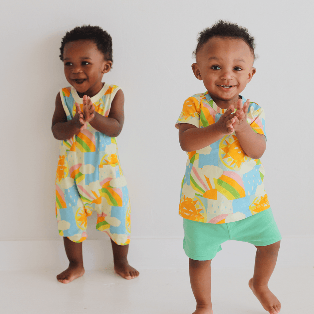 Anise & Ava exclusive hand drawn art eco friendly printed on luxury cotton. Anise & Ava baby romper shorts designed and made to match kids' styles dresses and tees in one of a kind artwork, made for all boys & girls. 