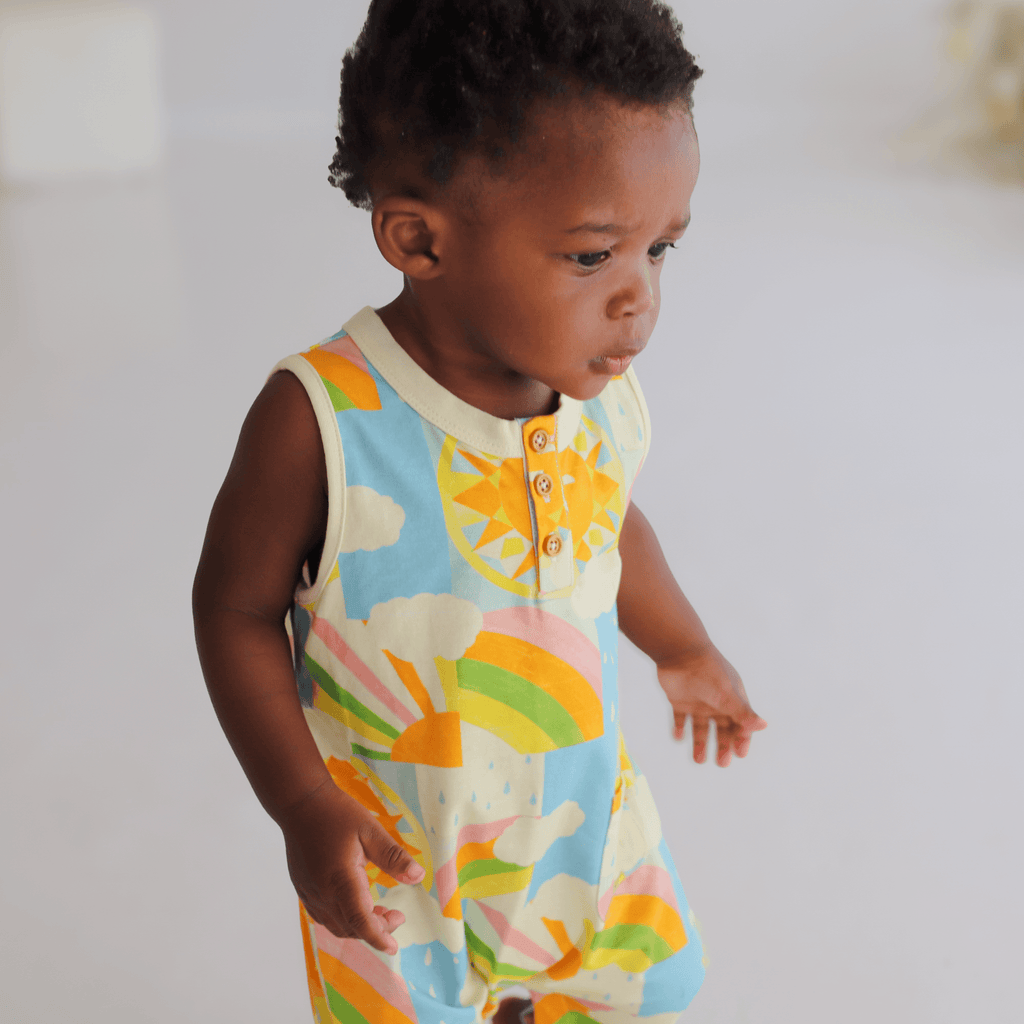 Anise & Ava exclusive hand drawn art eco friendly printed on luxury cotton. Anise & Ava baby romper shorts designed and made to match kids' styles dresses and tees in one of a kind artwork, made for all boys & girls. 