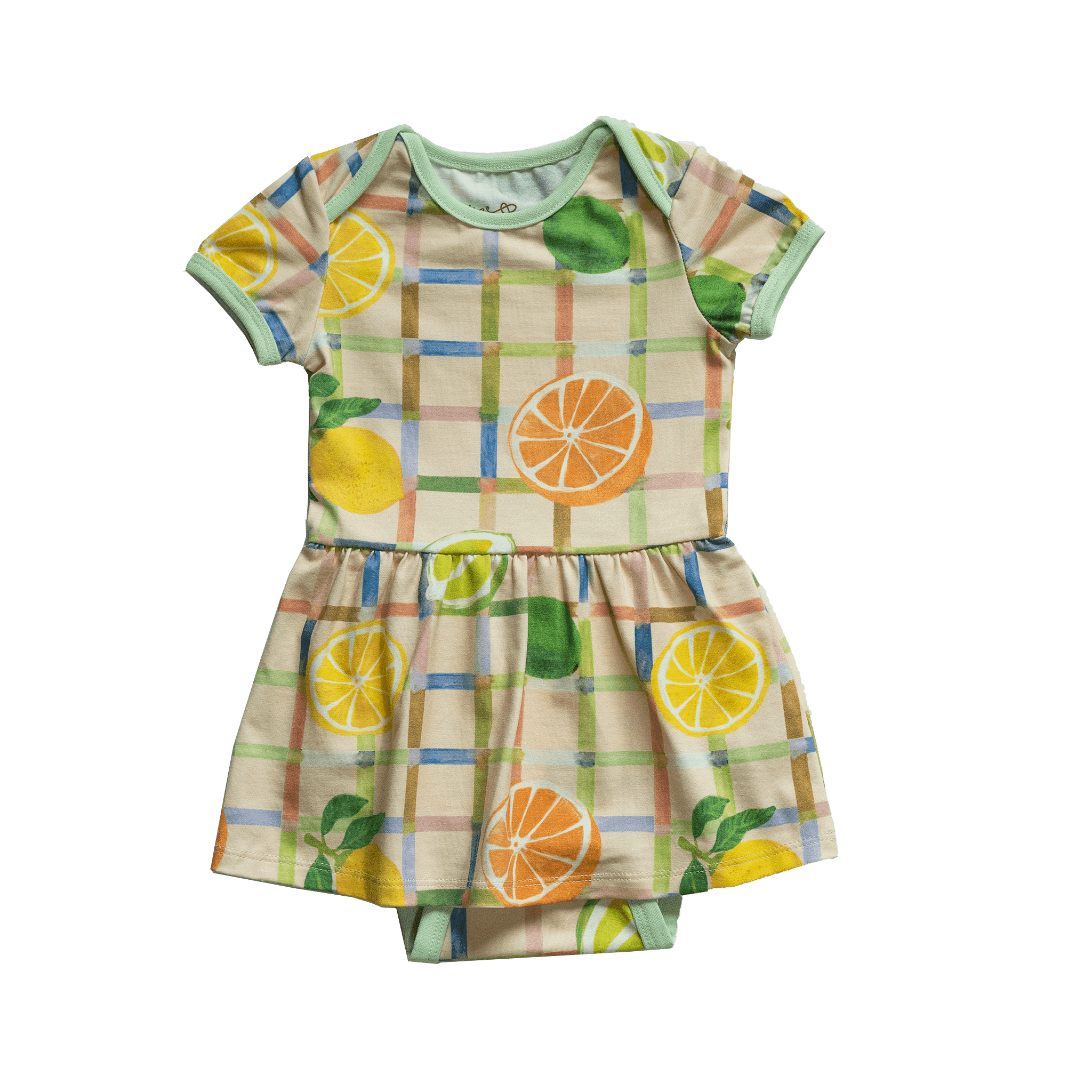 Anise & Ava exclusive hand drawn print in Citrus, eco friendly printed on a stretch luxury cotton for baby. Designed and made to match siblings styles in kids.