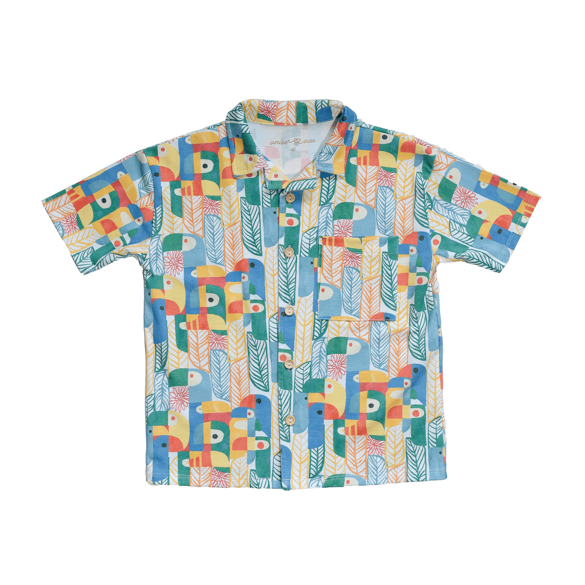 Anise & Ava exclusive hand drawn genderless Parrots print, eco friendly printed on luxury stretch cotton into our new button down collar vacation shirt. Designed and made to match siblings styles in Journey girls dresses & our best selling baby Wren body onesie. Dress your family in this happy exclusive print made for all boys & girls.