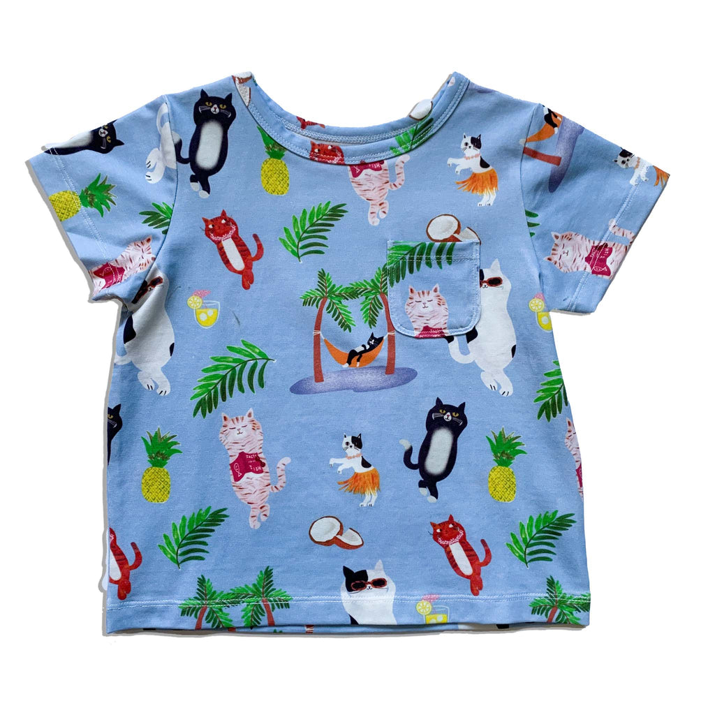 Anise & Ava genderless printed tee in VaCation Kitty cat print Front tee with pockets for little treasures.