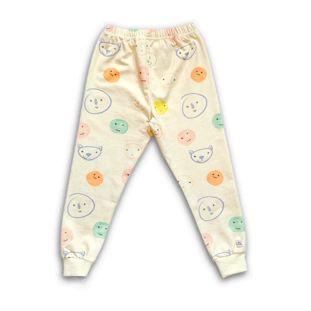 Anise & Ava genderless kids' pajamas pant back in printed luxury cotton in Smiley. Made to match and twin with all siblings. 