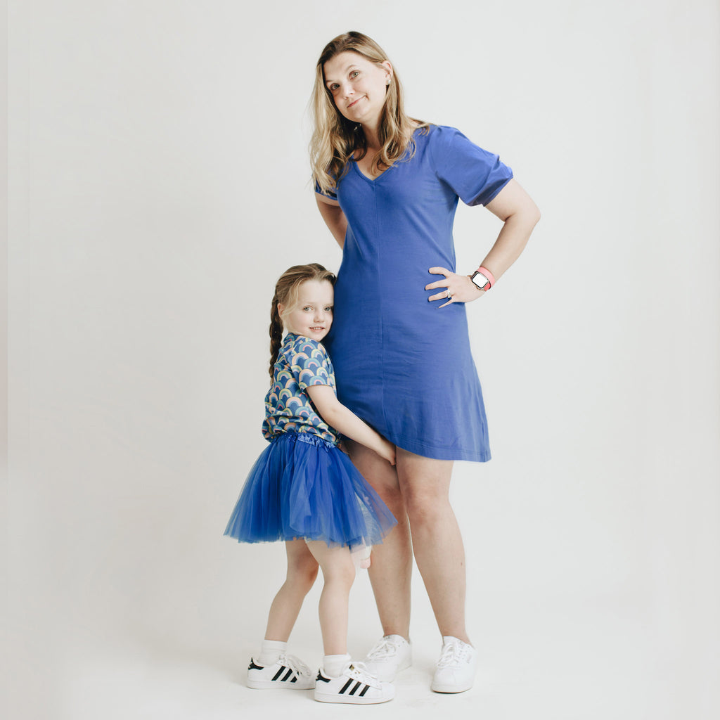 women's solid knit cobalt dress for twinning with kids' rainbow tee. Mommy & me outfits. 
