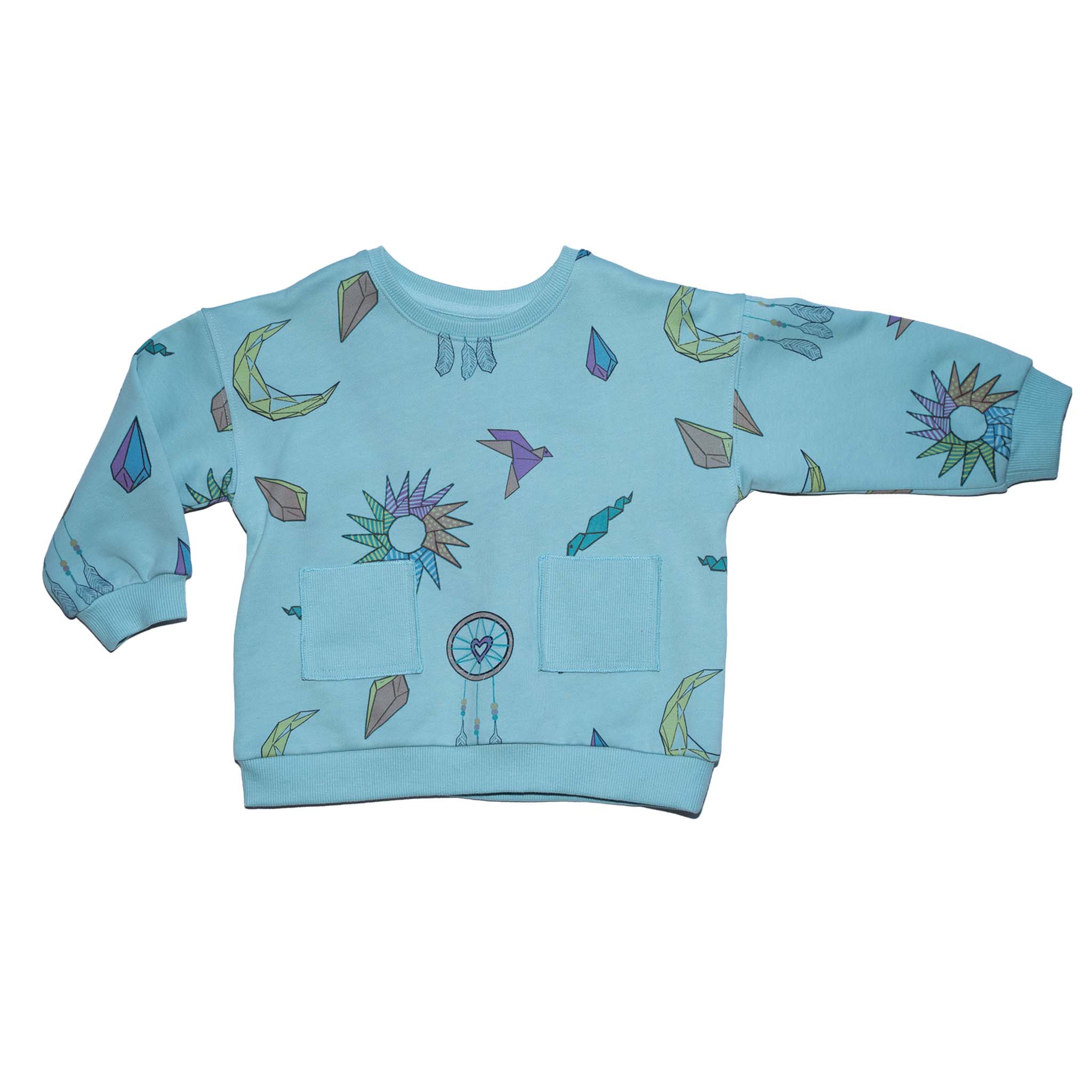 Anise & Ava gender neutral hand drawn art "Charmed" eco friendly printed onto cotton terry kids' long sleeves top with pockets. Made with love and made to match siblings. Top with pockets has a matching pant also made with 2 pockets for all the treasures found along adventures and can wear as a set.