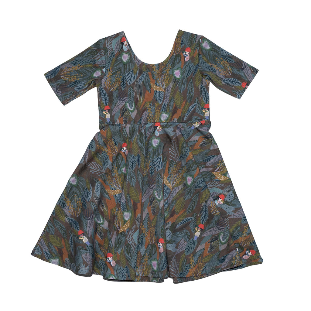 Anise & Ava gender fluid hand drawn artwork Adventurers eco friendly printed, made into elbow sleeves twirl kids' girls' dress. Made with love and made to twin with siblings. 