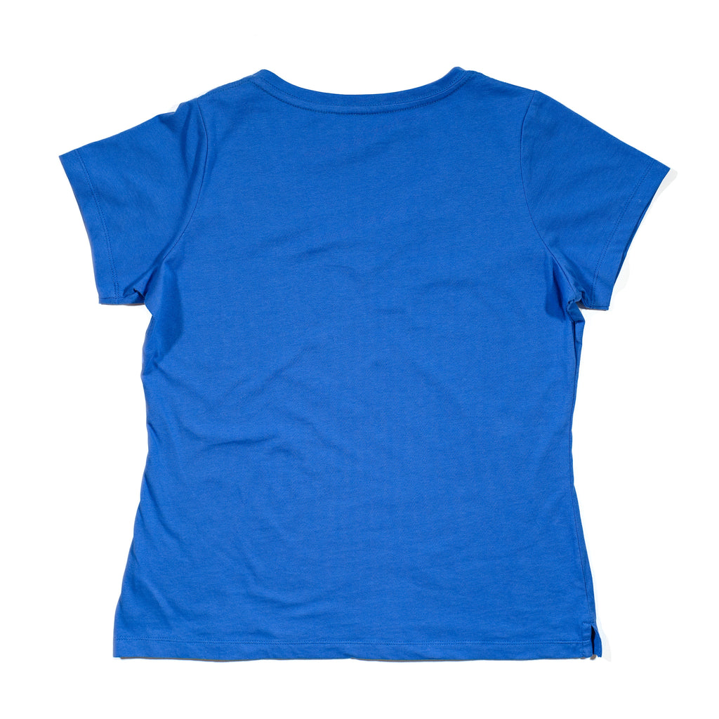 Women' knit cobalt tee back with seahorse embroidery, made to match with kids' seahorse printed tees and outfits, as well as to match Ayden men's tee.