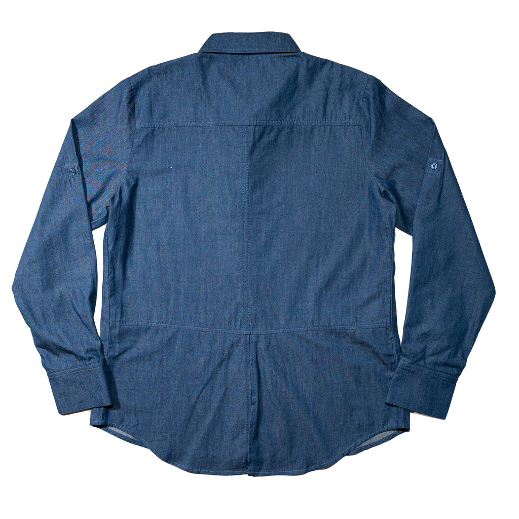 Women's chambray button down shirt with split back details, to match to kids' chambray shirt and dress, as well as men's button down chambray shirt. 