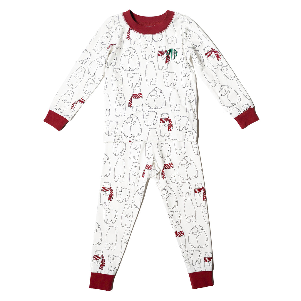 Kids' PJ sets in holiday Cozy Bear print for Mommy & Me, Daddy& Me, and siblings twinning for the perfect holiday family photo. 