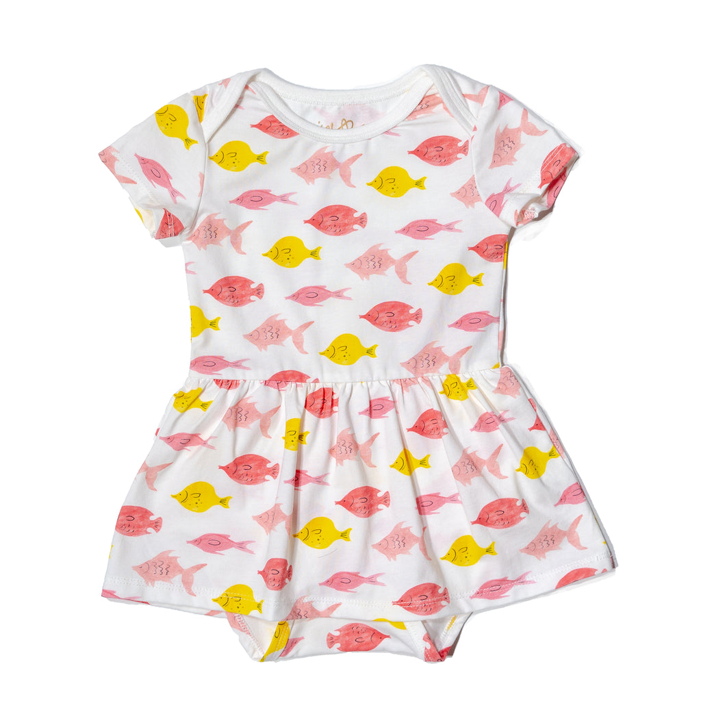Fishes baby onesie dress, fun, colorful, gender neutral print to twin match with siblings and family by Anise & Ava.