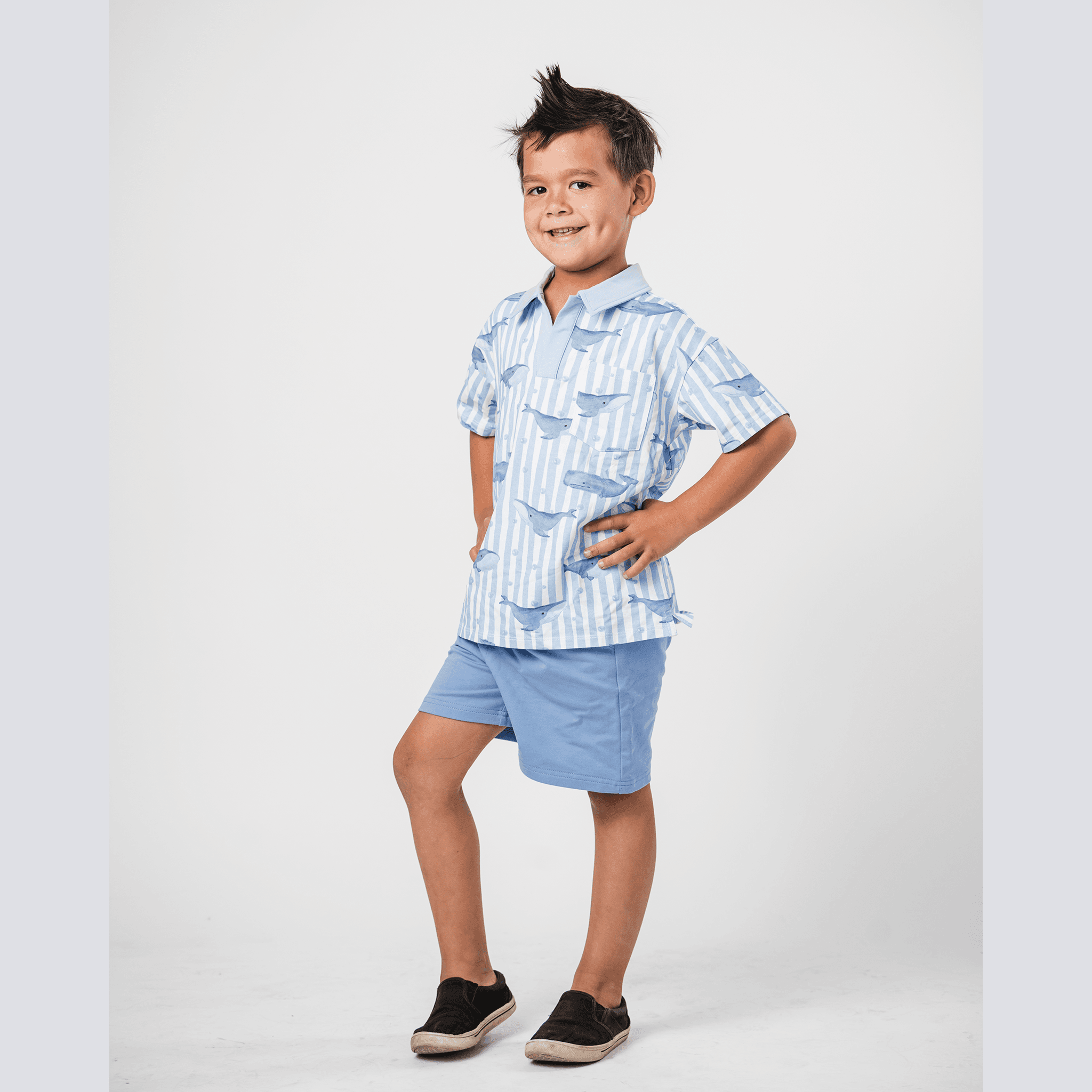 Anise & Ava exclusive hand drawn Whales print, eco friendly printed on luxury stretch cotton into our new point collar polo shirt. Designed and made to match siblings styles in Cleo baby shorts romper. Dress your family in this fun Summer exclusive print made for all boys & girls. Best for beaches and oceanside. 