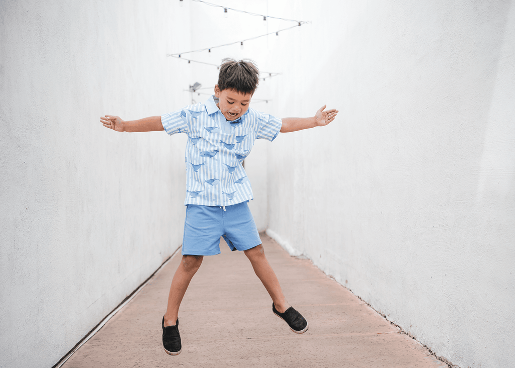 Anise & Ava point collar short sleeves polo shirt with exclusive hand drawn art whales print available in baby sizes to kids, matching with other styles for the ultimate siblings matching outfits. 