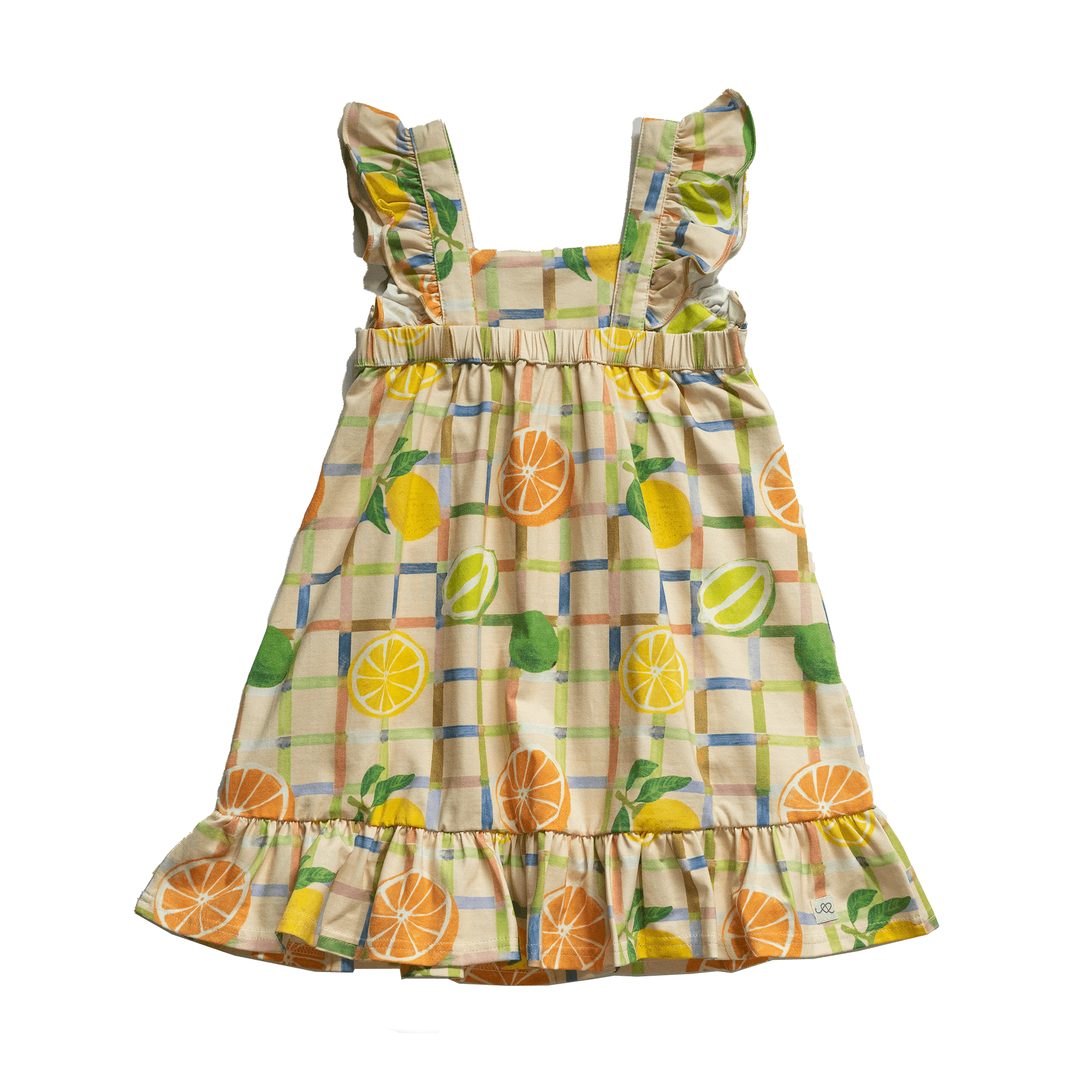 Anise & Ava exclusive hand drawn genderless Citrus print eco friendly printed on luxury stretch cotton. Designed and made to match siblings styles. Our new sleeveless Summer dress with ruffles is made to match siblings styles in baby & kids Brooklyn pocket tee for both boys and girls. 