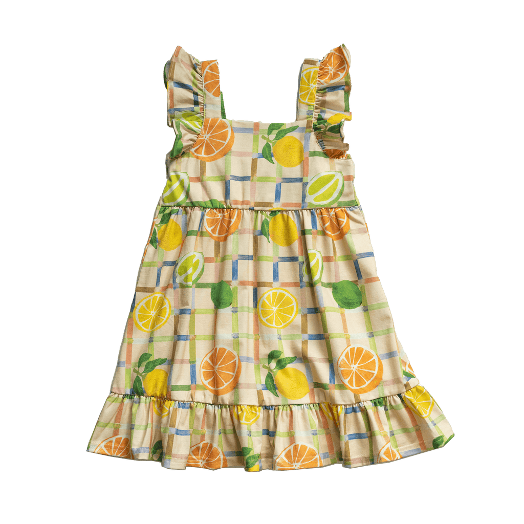 Anise & Ava exclusive hand drawn genderless Citrus print eco friendly printed on luxury stretch cotton. Designed and made to match siblings styles. Our new sleeveless Summer dress with ruffles is made to match siblings styles in baby & kids Brooklyn pocket tee for both boys and girls. 