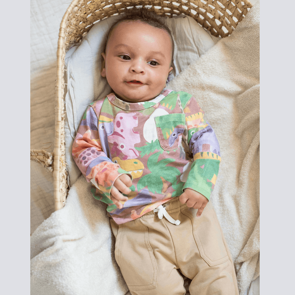 Anise & Ava's gender neutral exclusive printed sweatshirt paired with a Stone colored french terry jogger made for all babies & kids from 3months to 7/8 year olds. 
