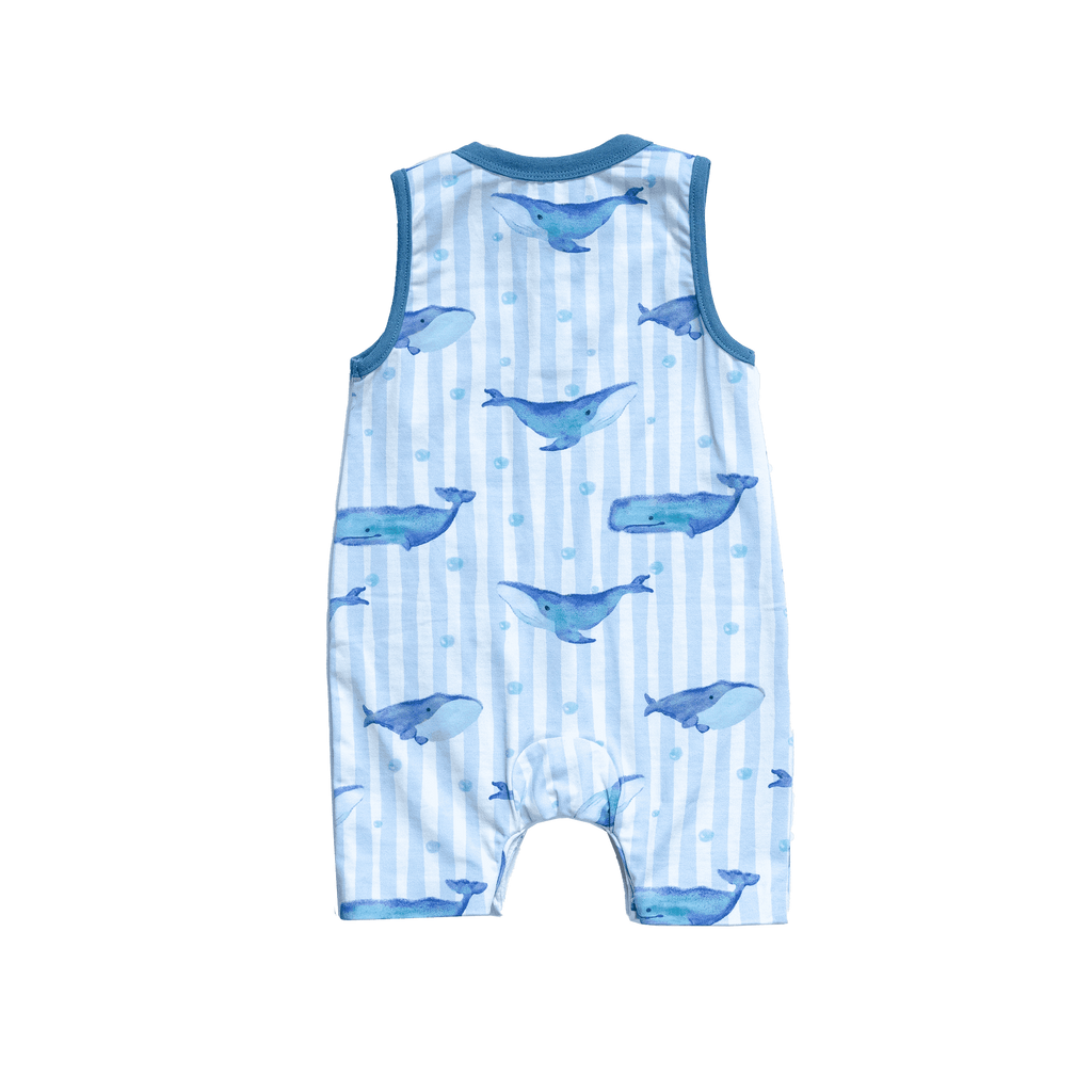 Anise & Ava exclusive hand drawn artwork eco friendly printed onto luxuy stretch cotton. Our one of a kind whales printed baby shorts romper is made to match sibling's polo shirts. 