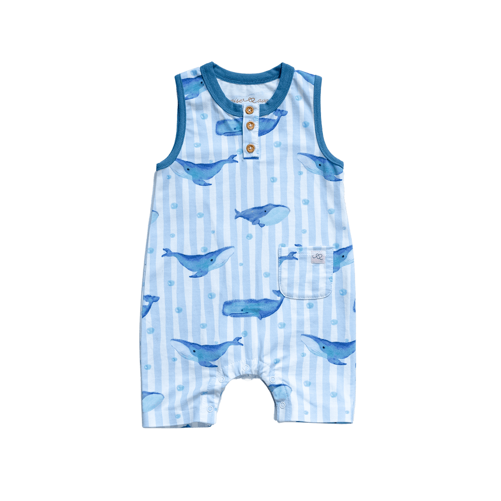 Anise & Ava exclusive hand drawn artwork eco friendly printed onto luxuy stretch cotton. Our one of a kind whales printed baby shorts romper is made to match sibling's polo shirts. 