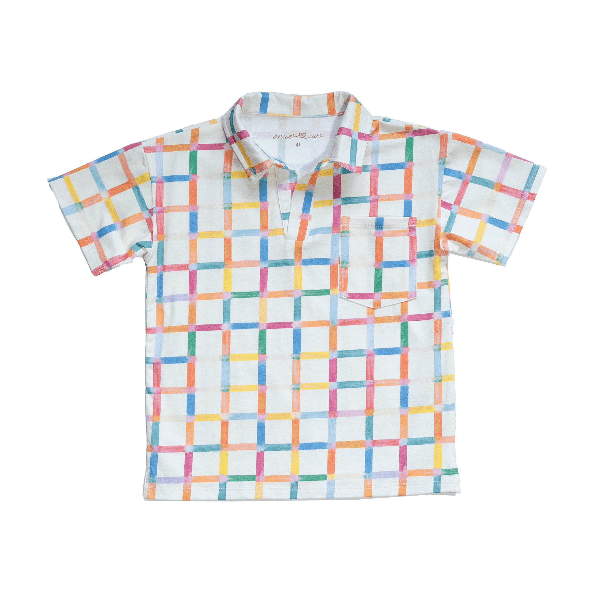 Anise & Ava exclusive hand drawn Grids print, eco friendly printed on luxury stretch cotton into our new point collar polo shirt. Designed and made to match siblings styles. Dress your family in this fun Summer exclusive print made for all boys & girls.