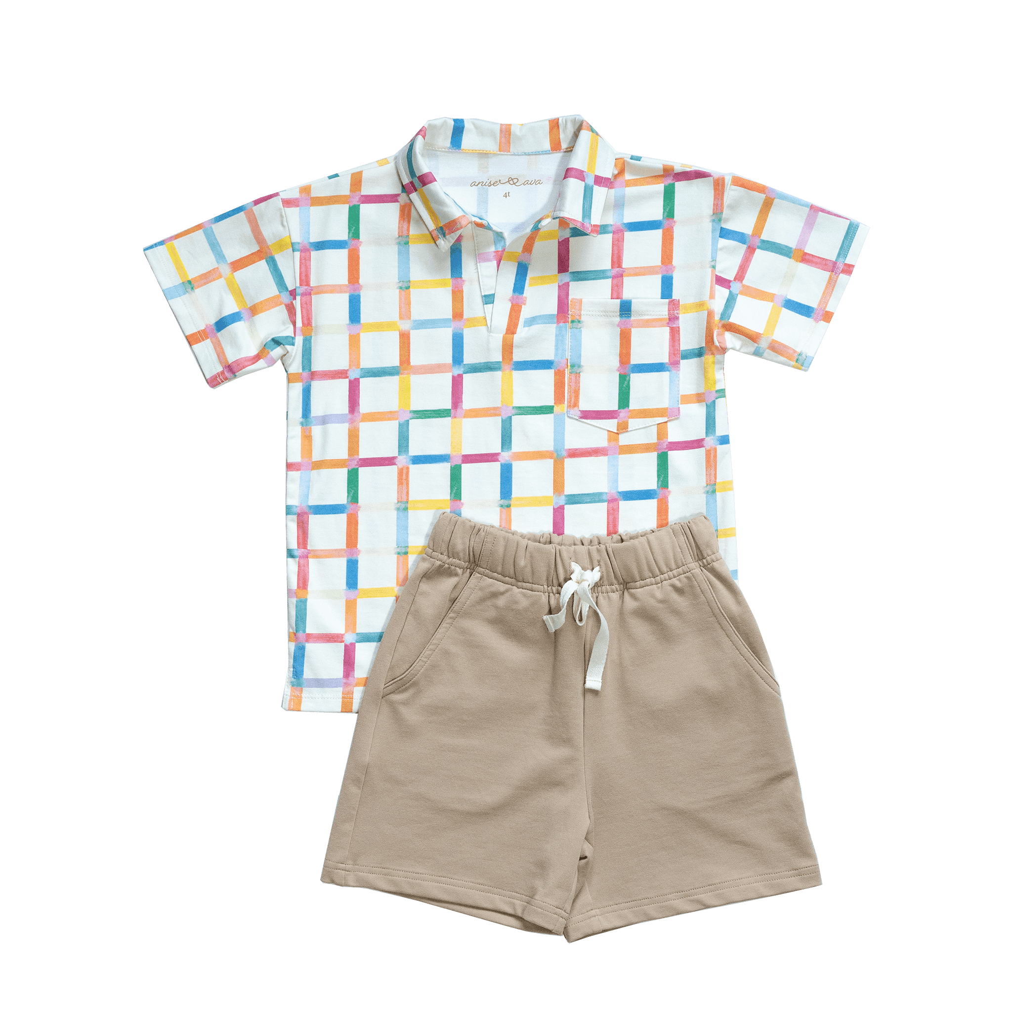 Anise & Ava's stretch cotton terry shorts makes the perfect outfit with all our hand drawn prints. Here it is outfitted with our newly launched style polo shirt in Grids for babies to kids sizes. 