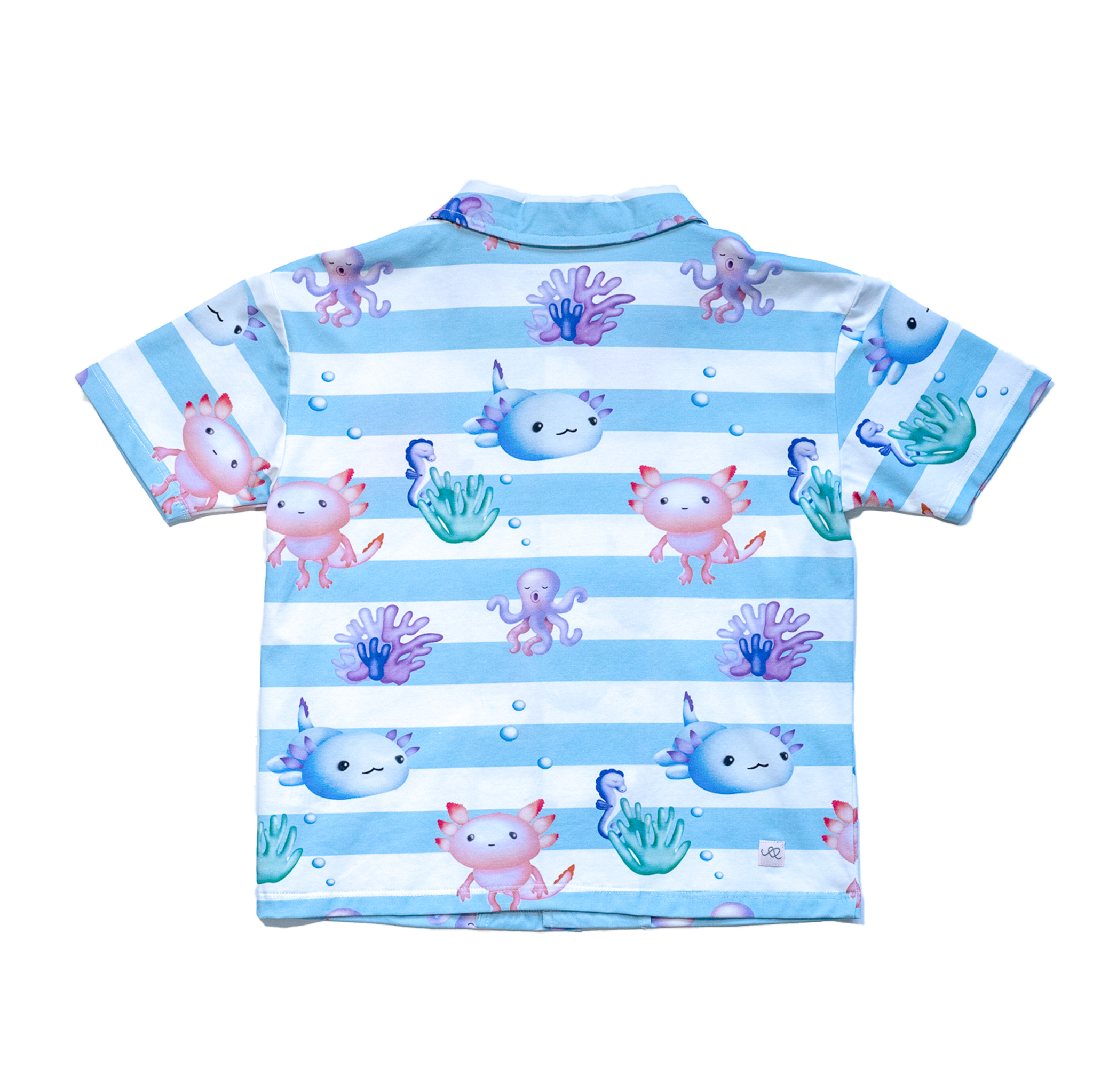 Anise & Ava's Cory button down shirt, designed and made in one of a kind, exclusive hand drawn gender neutral colorful art, featuring a special axolyt. Created to match with other siblings' styles. 