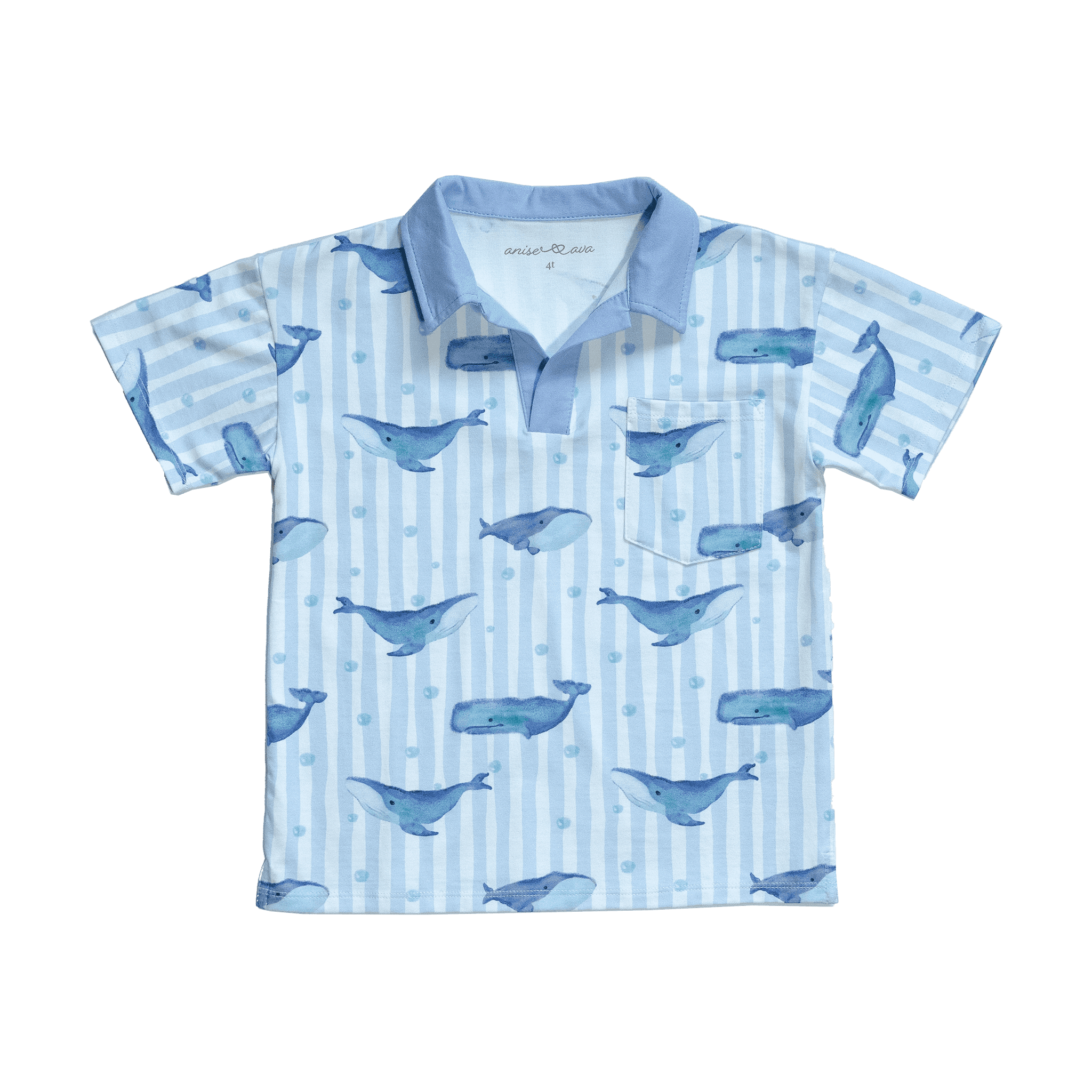 Anise & Ava exclusive hand drawn Whales print, eco friendly printed on luxury stretch cotton into our new point collar polo shirt. Designed and made to match siblings styles in Cleo baby shorts romper. Dress your family in this fun Summer exclusive print made for all boys & girls. Best for beaches and oceanside. 