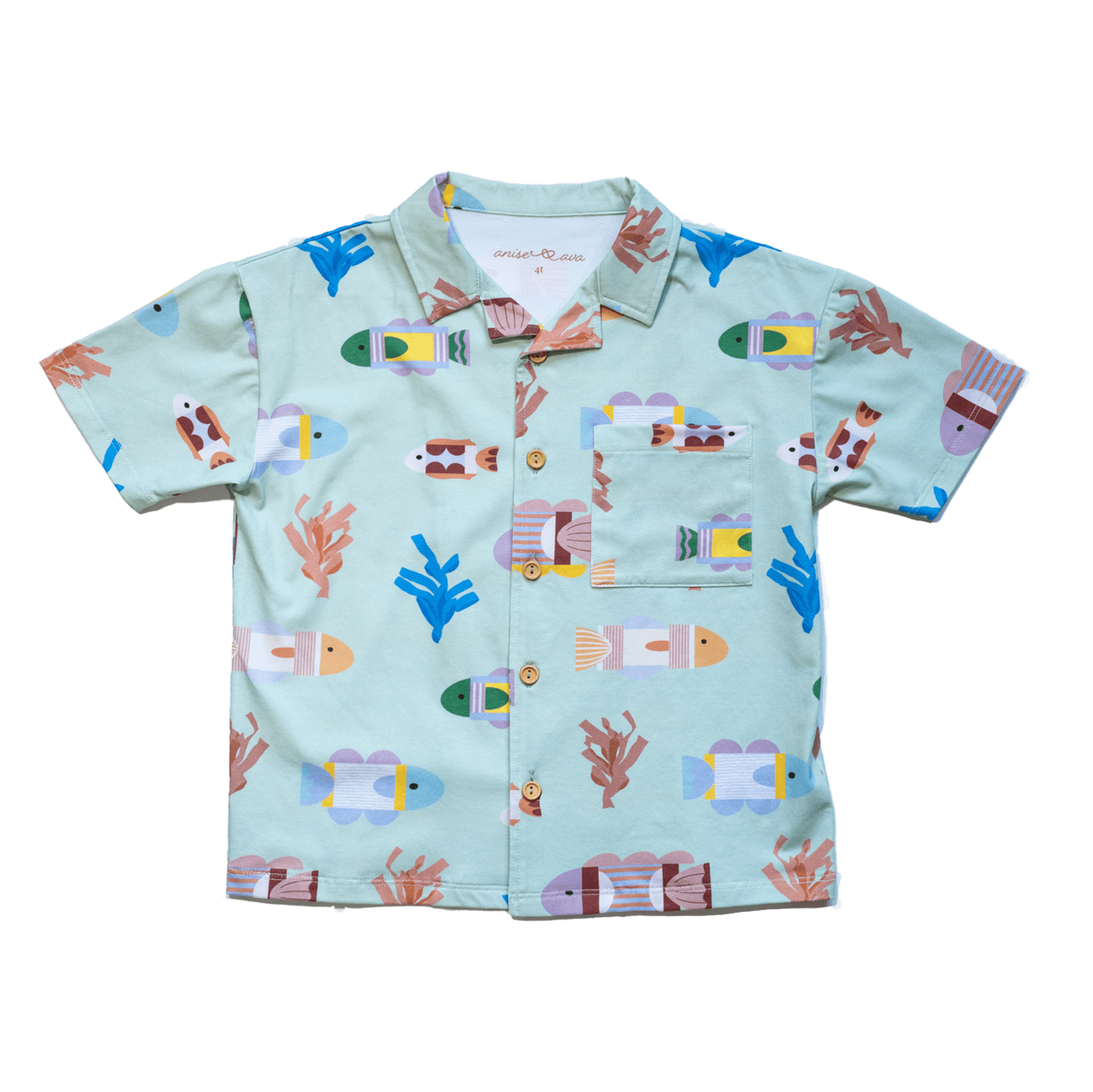 Anise & Ava's Cory button down shirt, designed and made in one of a kind, exclusive hand drawn gender neutral colorful art. Created to match with other siblings' styles. 