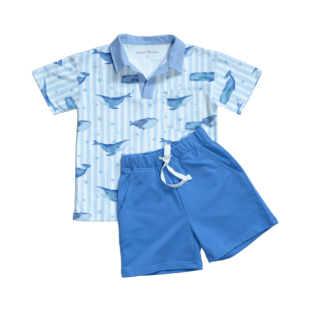Anise & Ava exclusive hand drawn Whales print, eco friendly printed on luxury stretch cotton into our new point collar polo shirt. Designed and made to match siblings styles in Cleo baby shorts romper. Dress your family in this fun Summer exclusive print made for all boys & girls. Best for beaches and oceanside. 