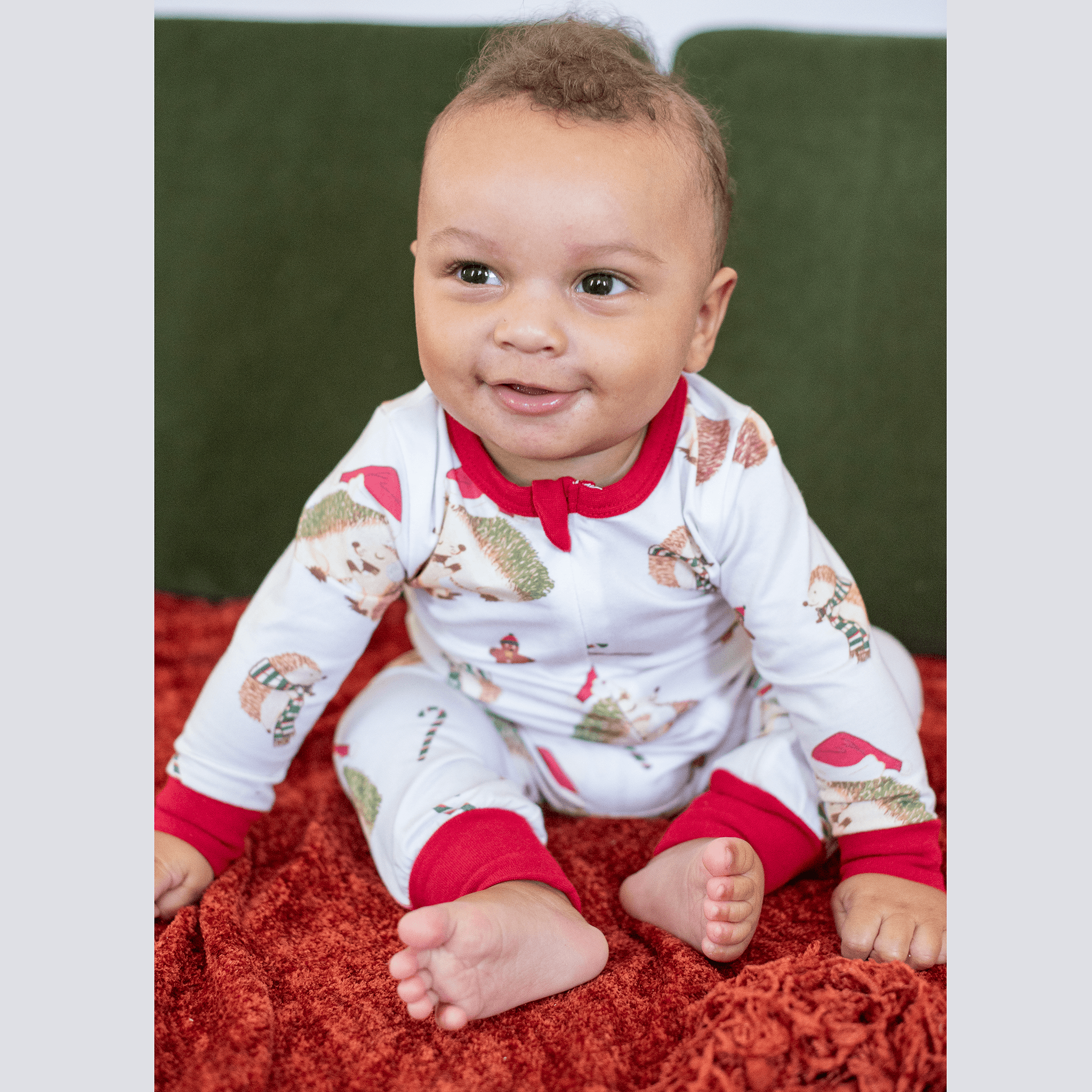 Anise & Ava's gender neutral exclusive hand drawn art in hedgehogs with Holiday hats,, eco friendly printed onto the softest cotton. Made to match siblings' 2 pieces pajamas sets. 