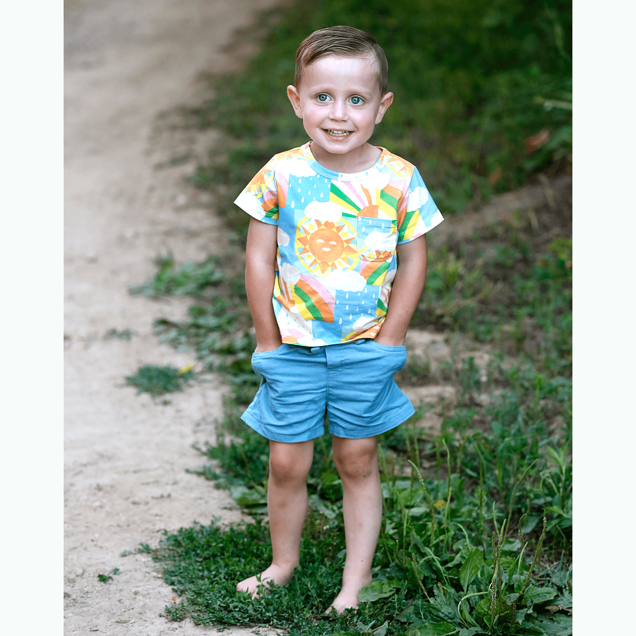 Anise & Ava exclusive hand drawn genderless Sun print, eco friendly printed on luxury stretch cotton into our best selling pocket tee. Designed and made to match siblings styles in Journey girls dresses, Charlie baby dress, and Clean baby romper. Dress your family in this happy exclusive print made for all boys & girls. 