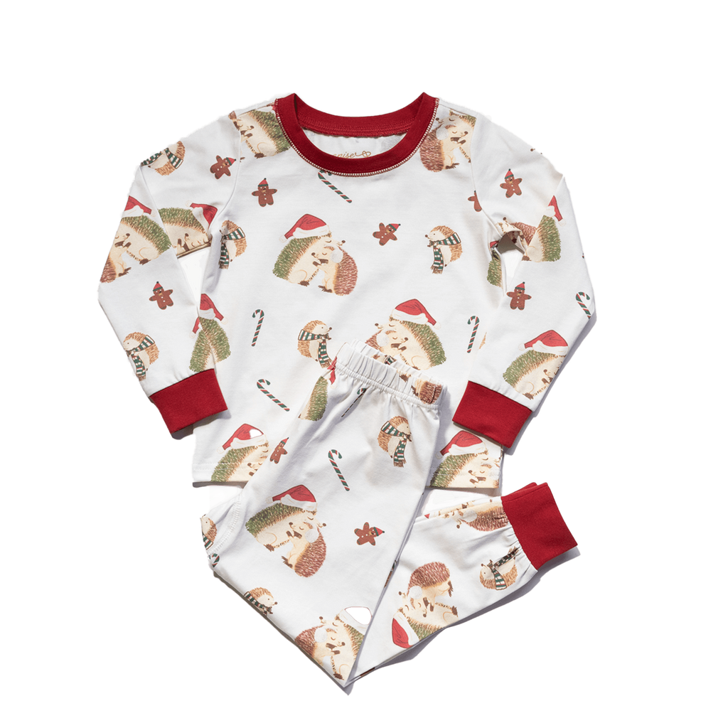 Anise & Ava gender neutral exclsive hand drawn Holiday Hedgehogs, eco friendly printed onto our softest cotton. Made to match siblings' baby pajamas.  