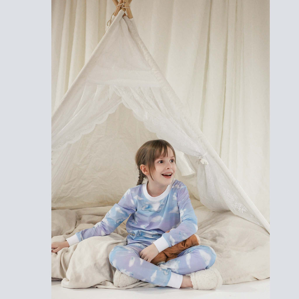 Anise & Ava's exclusive hand drawn art eco friendly printed onto 2 ps lounge pjs set for kids. This season we have the dreamiest print available in extended size up size 9/10 for both boys & girls. Made to match baby sibling's one piece. 