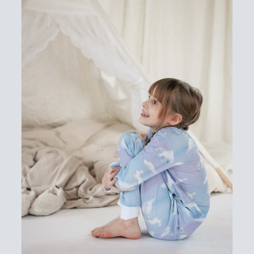 Anise & Ava's exclusive hand drawn art eco friendly printed onto 2 ps lounge pjs set for kids. This season we have the dreamiest print available in extended size up size 9/10 for both boys & girls. Made to match baby sibling's one piece. 