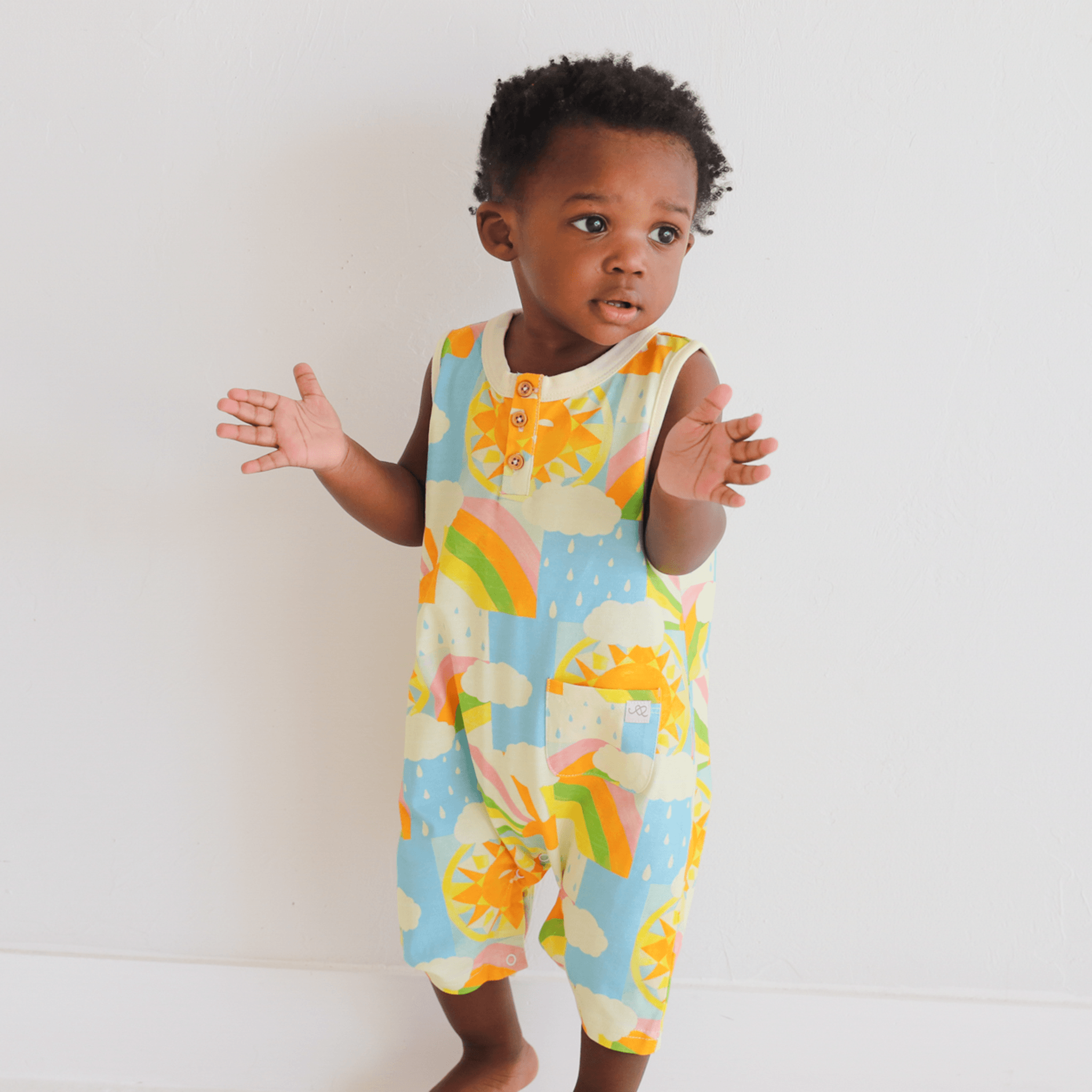 Anise & Ava exclusive hand drawn art eco friendly printed on luxury cotton. Anise & Ava baby romper shorts designed and made to match kids' styles dresses and tees in one of a kind artwork, made for all boys & girls. 
