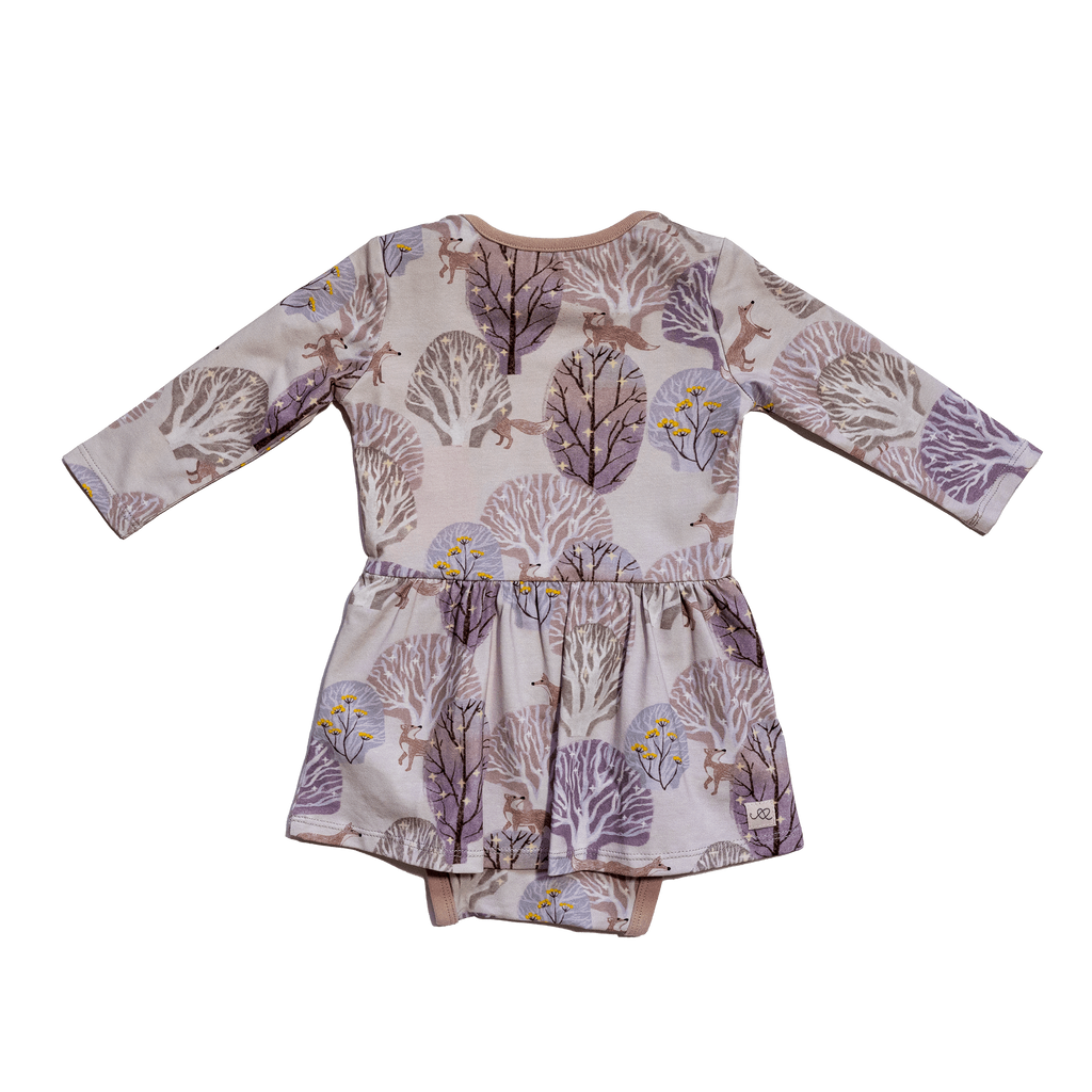 Anise & Ava's most loved baby onesie dress. Made to match with siblings' styles in our hand drawn gender neutral forest print, eco friendly printed onto our soft cotton. 