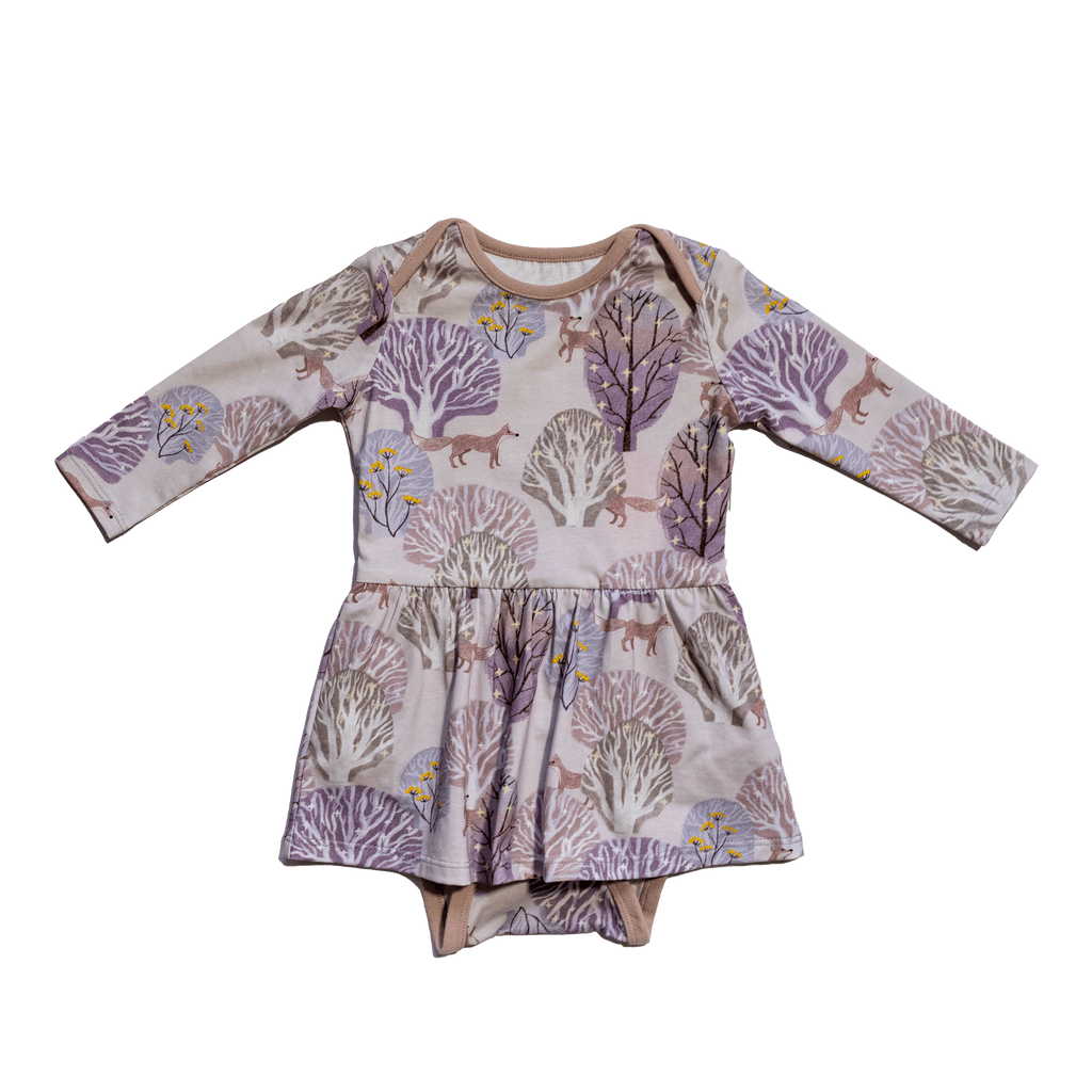 Anise & Ava's most loved baby onesie dress. Made to match with siblings' styles in our hand drawn gender neutral forest print, eco friendly printed onto our soft cotton. 