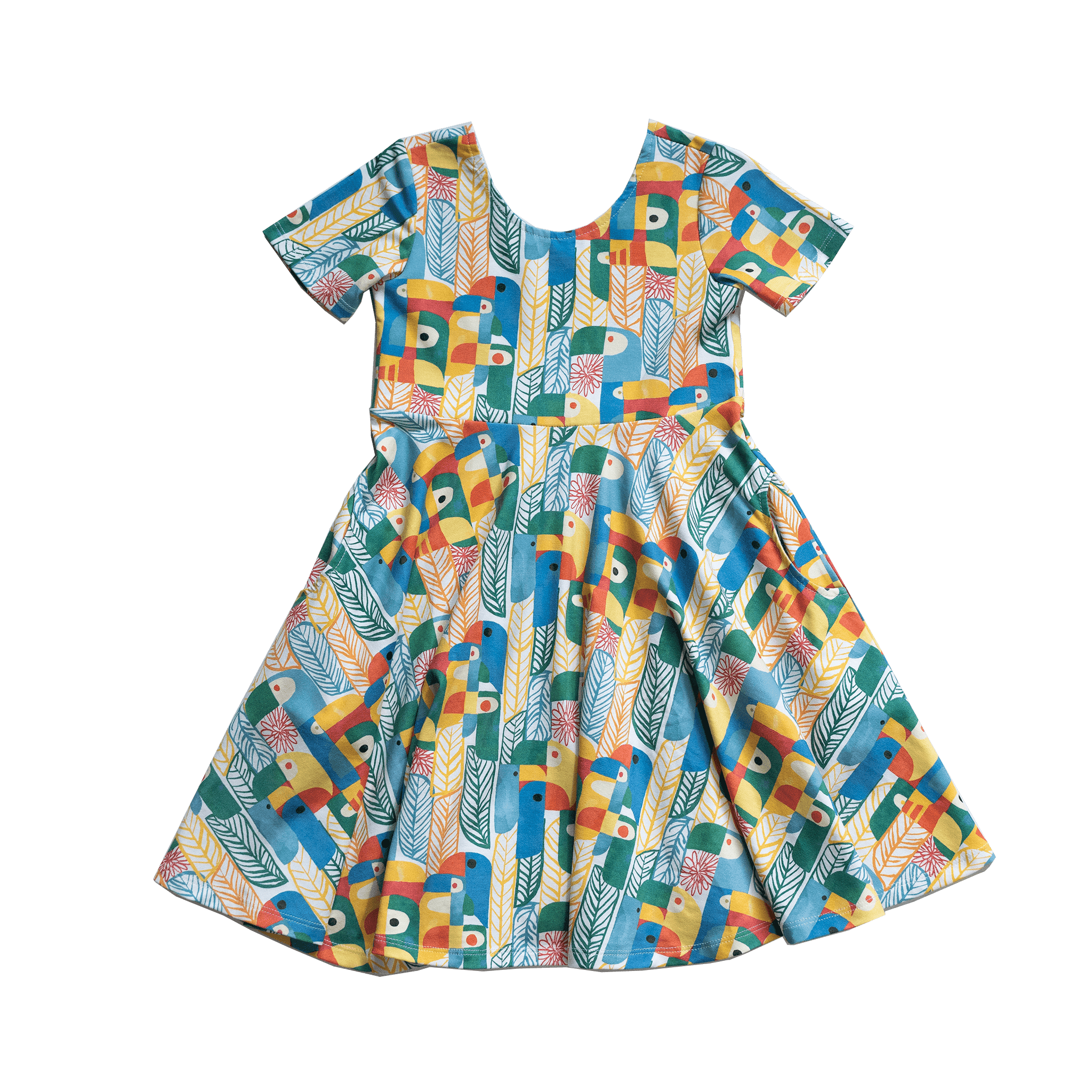 Anise & Ava exclusive hand drawn Parrots print eco friendly printed on luxury stretch cotton. Designed and made to match siblings styles. Short sleeves Journey dress is Anise & Ava best selling style, made with deep pockets to hold all the treasures. Siblings matching styles Cory button down shirt and baby Wren snap body onesie. 