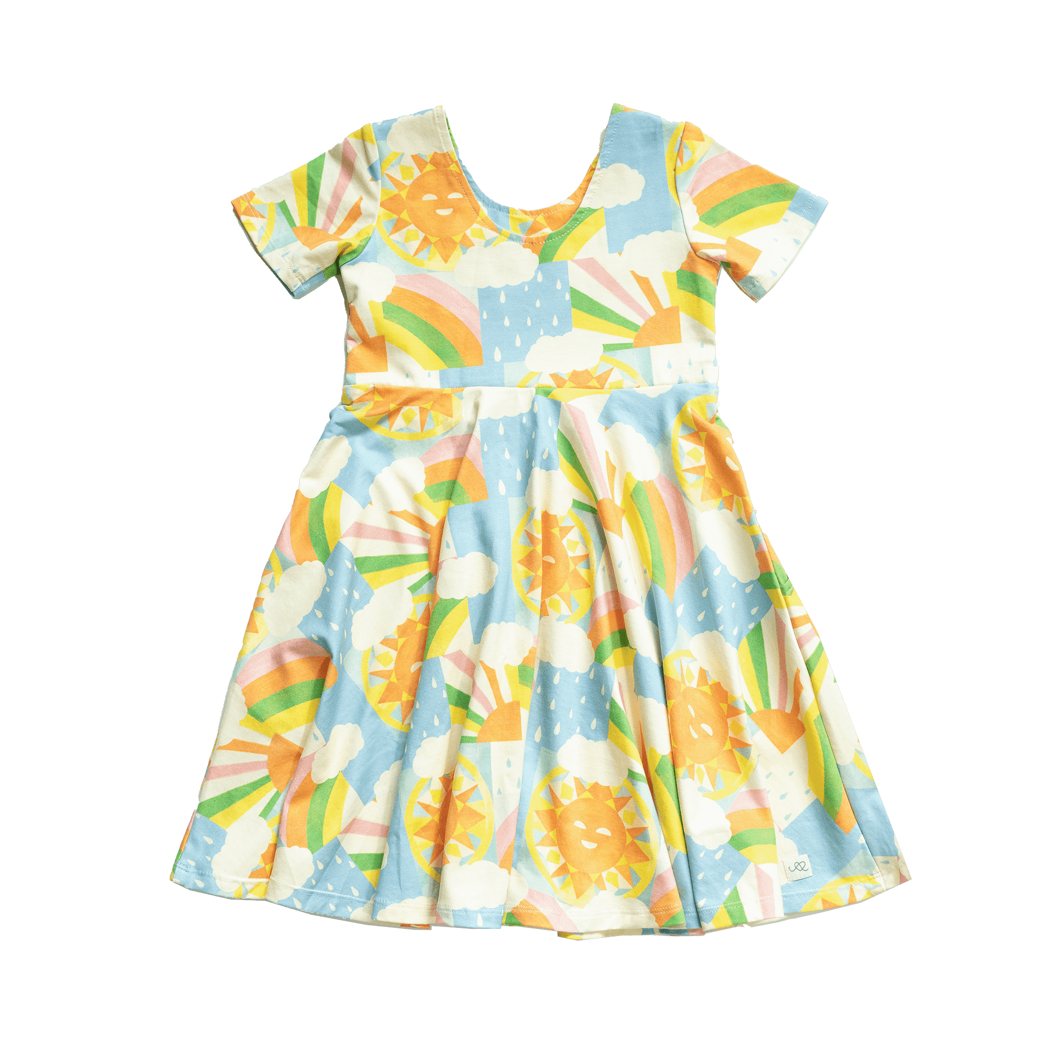 Anise & Ava exclusive hand drawn Sun print eco friendly printed on luxury stretch cotton. Designed and made to match siblings styles. Short sleeves Journey dress is Anise & Ava best selling style, made with deep pockets to hold all the treasures. Siblings matching styles are Brooklyn tee & Charlie baby dress. 