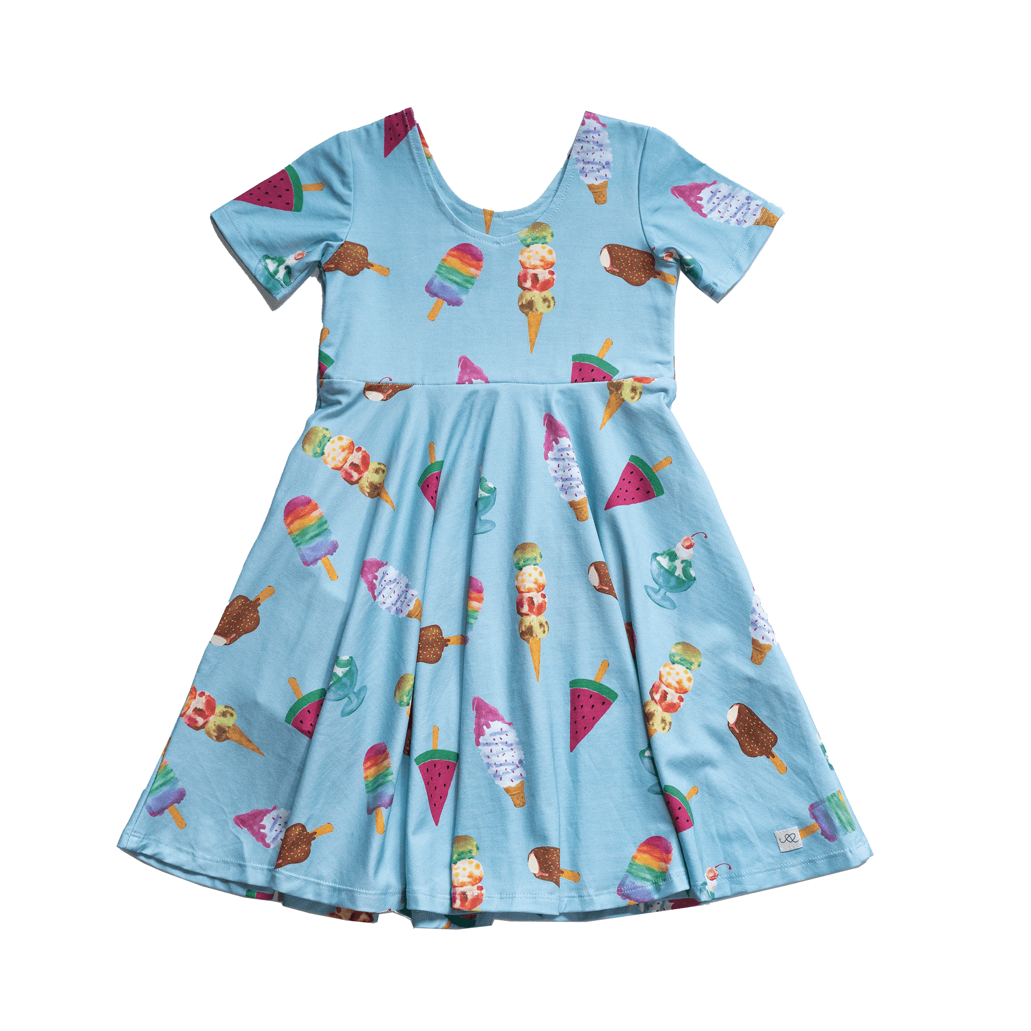 Anise & Ava exclusive hand drawn genderless Sundaes print eco friendly printed on luxury stretch cotton. Designed and made to match siblings styles. Short sleeves Journey dress is Anise & Ava best selling style, made with deep pockets to hold all the treasures. Siblings matching styles Wren baby body for both boys & girls. 