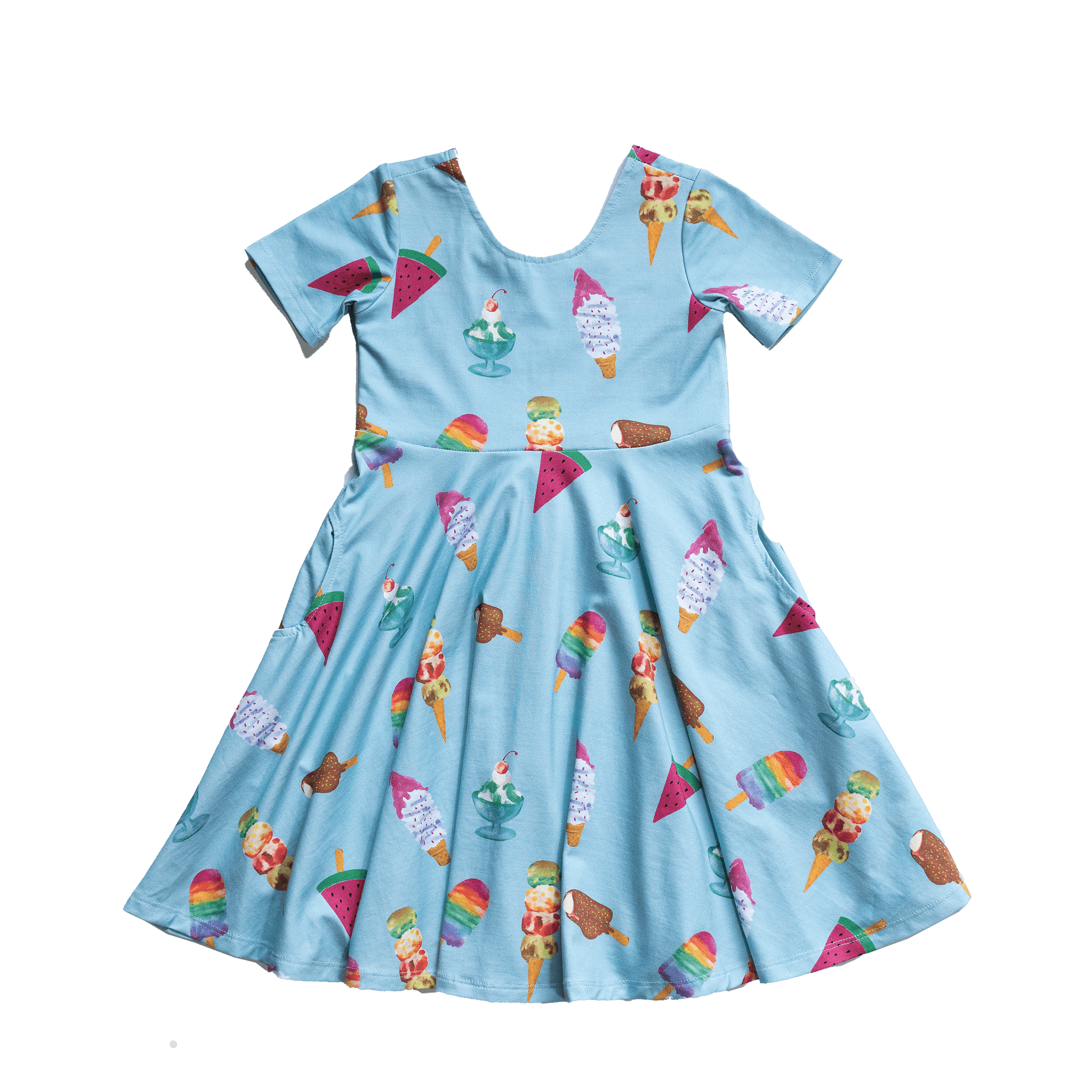 Anise & Ava exclusive hand drawn genderless Sundaes print eco friendly printed on luxury stretch cotton. Designed and made to match siblings styles. Short sleeves Journey dress is Anise & Ava best selling style, made with deep pockets to hold all the treasures. Siblings matching styles Wren baby body for both boys & girls. 