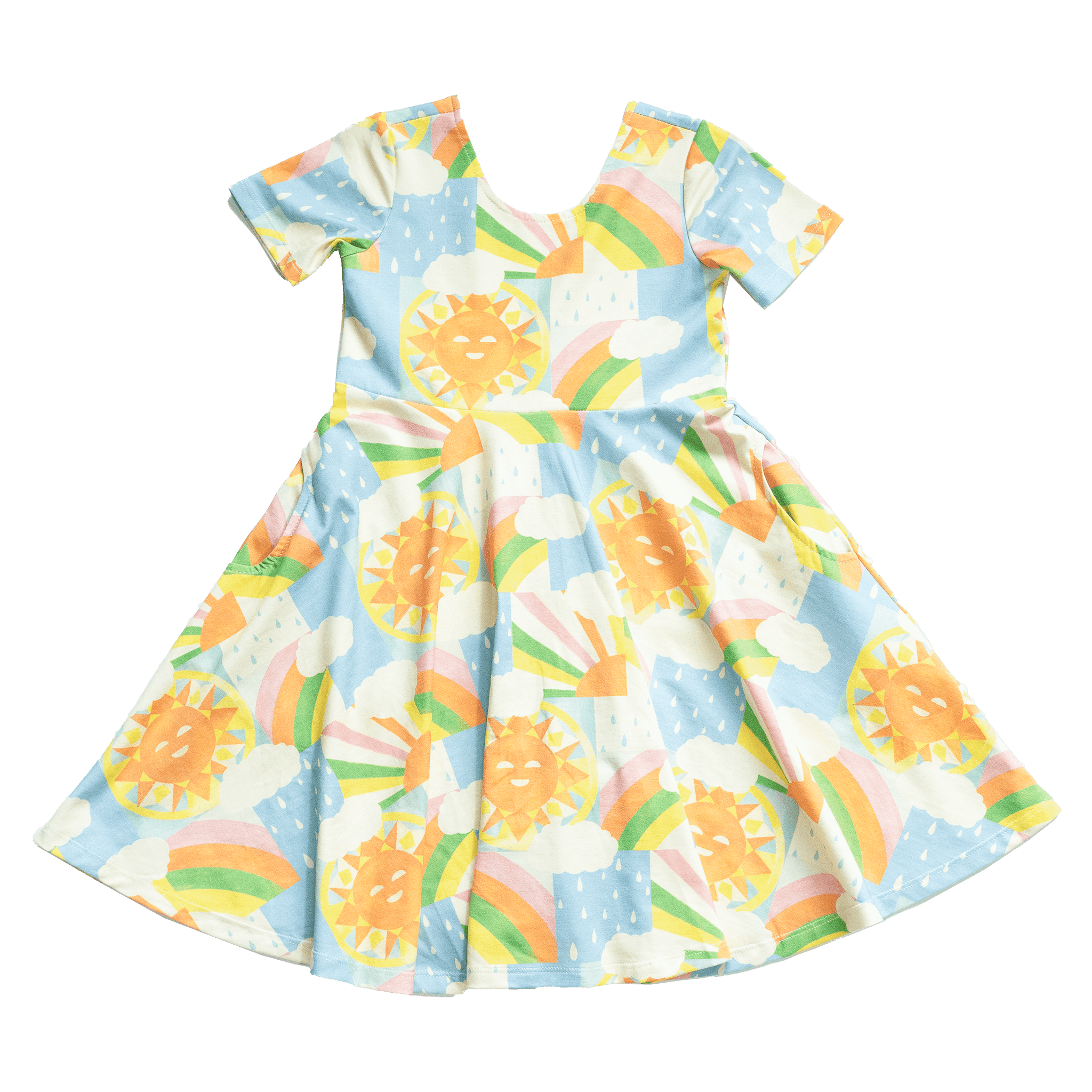 Anise & Ava exclusive hand drawn Sun print eco friendly printed on luxury stretch cotton. Designed and made to match siblings styles. Short sleeves Journey dress is Anise & Ava best selling style, made with deep pockets to hold all the treasures. Siblings matching styles are Brooklyn tee & Charlie baby dress. 