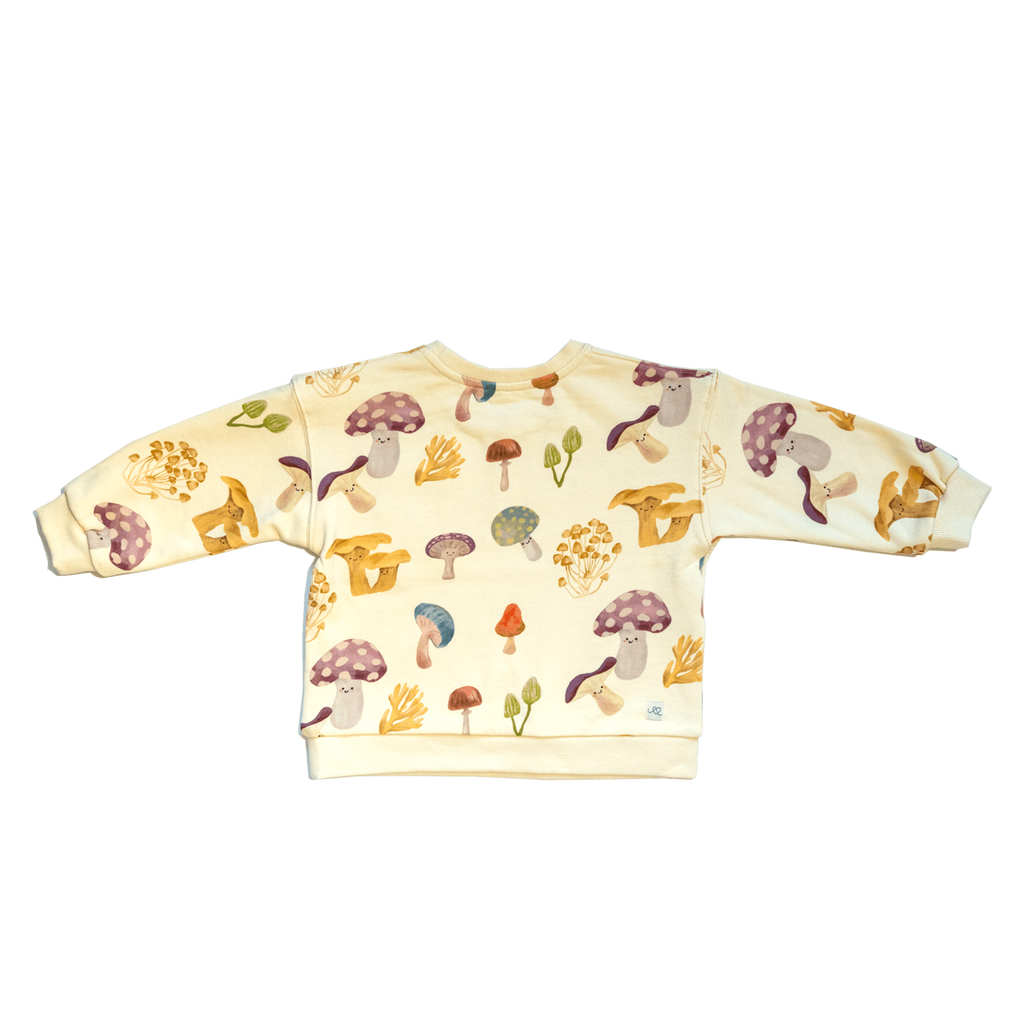 Anise & Ava genderless exclusive hand drawn mushrooms print, eco friendly printed on fabric. Made in a long sleeves most loved sweatshirt with dye to match ribbs pockets for babies to kids, boys & girls. 