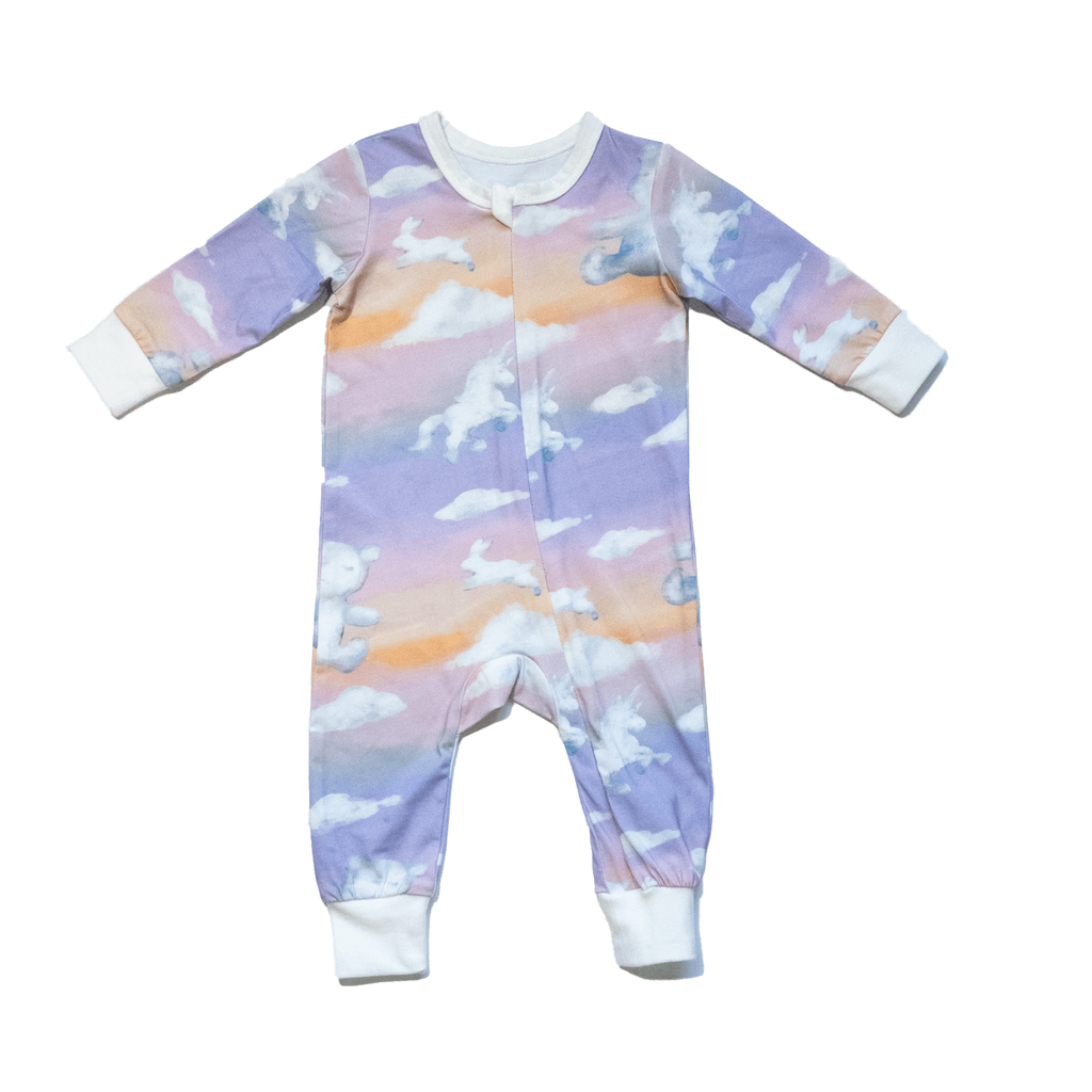 Anise & Ava long sleeves baby zippy onesie. Designed and made with exclusive hand drawn matching ombre dreamy prints to match kids' pajamas. 