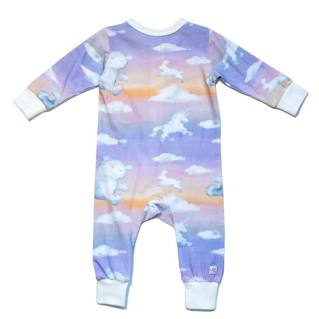 Anise & Ava long sleeves baby zippy onesie. Designed and made with exclusive hand drawn matching ombre dreamy prints to match kids' pajamas. 