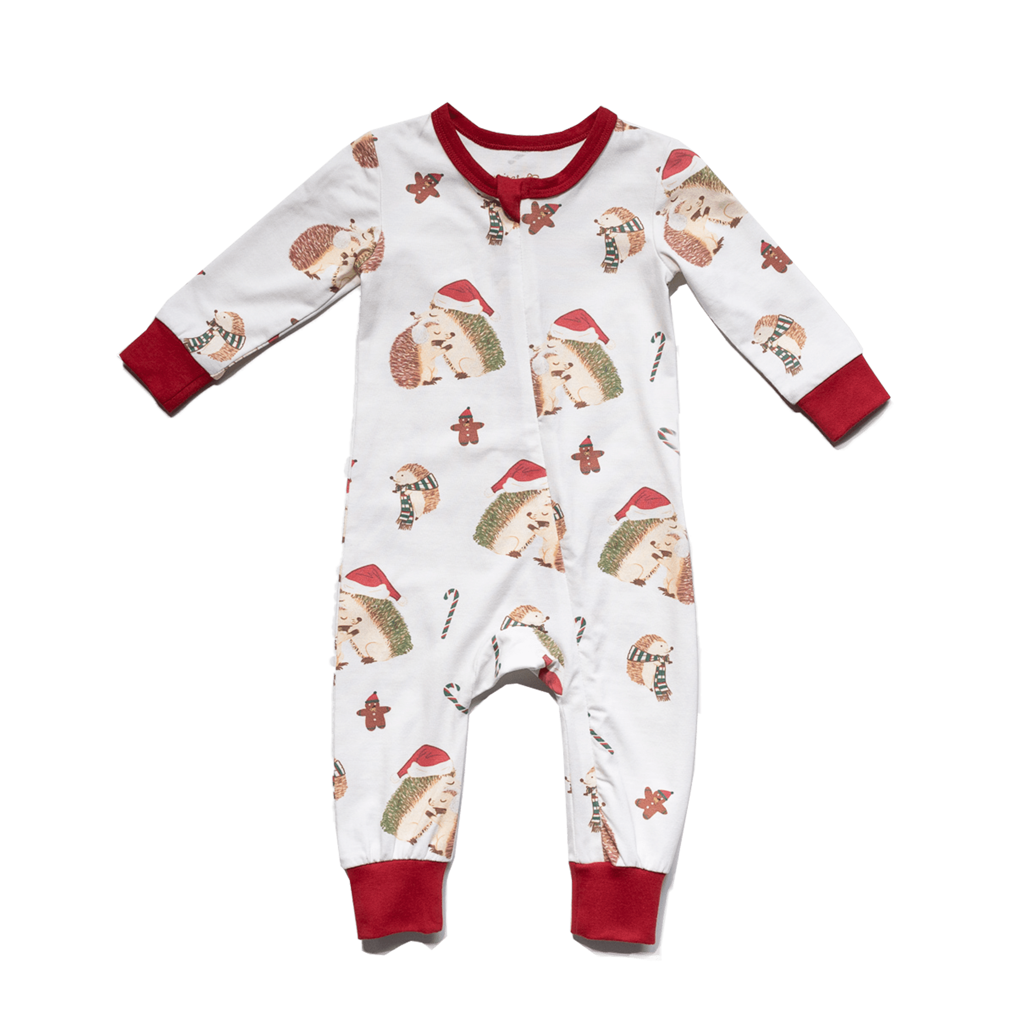 Anise & Ava's gender neutral exclusive hand drawn art in hedgehogs with Holiday hats,, eco friendly printed onto the softest cotton. Made to match siblings' 2 pieces pajamas sets. 